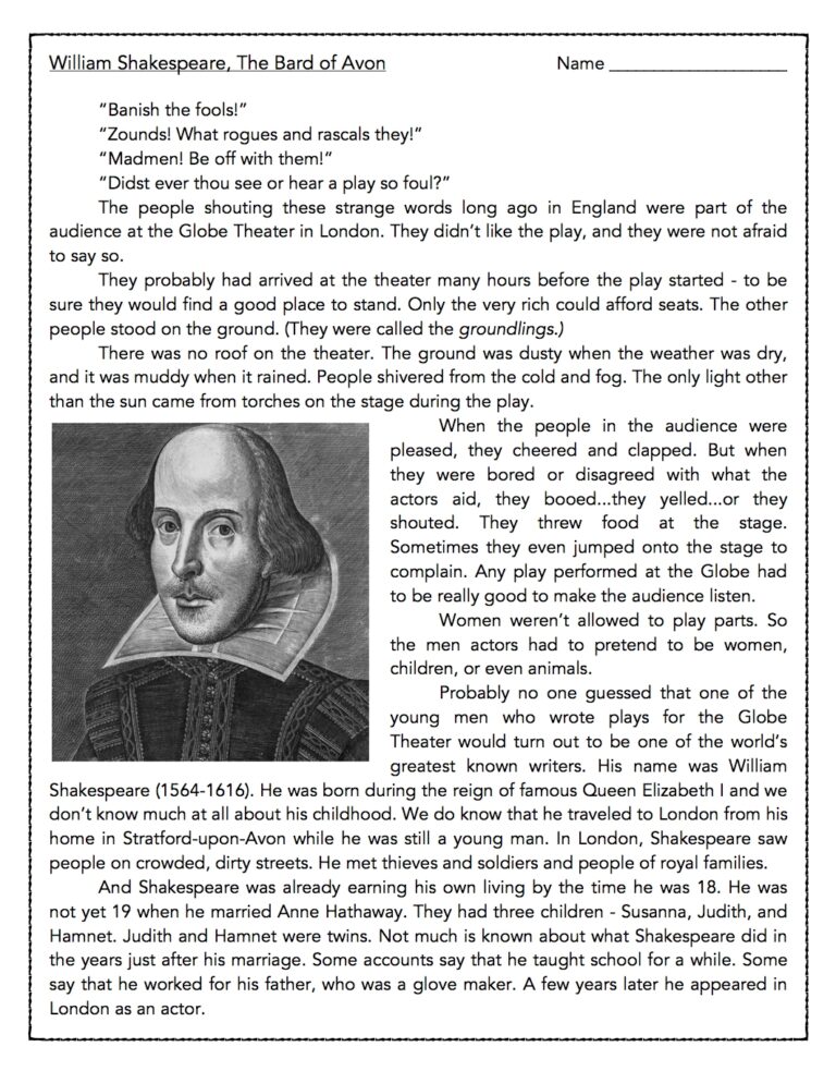 William Shakespeare Reading Comprehension Passage And Assessment 