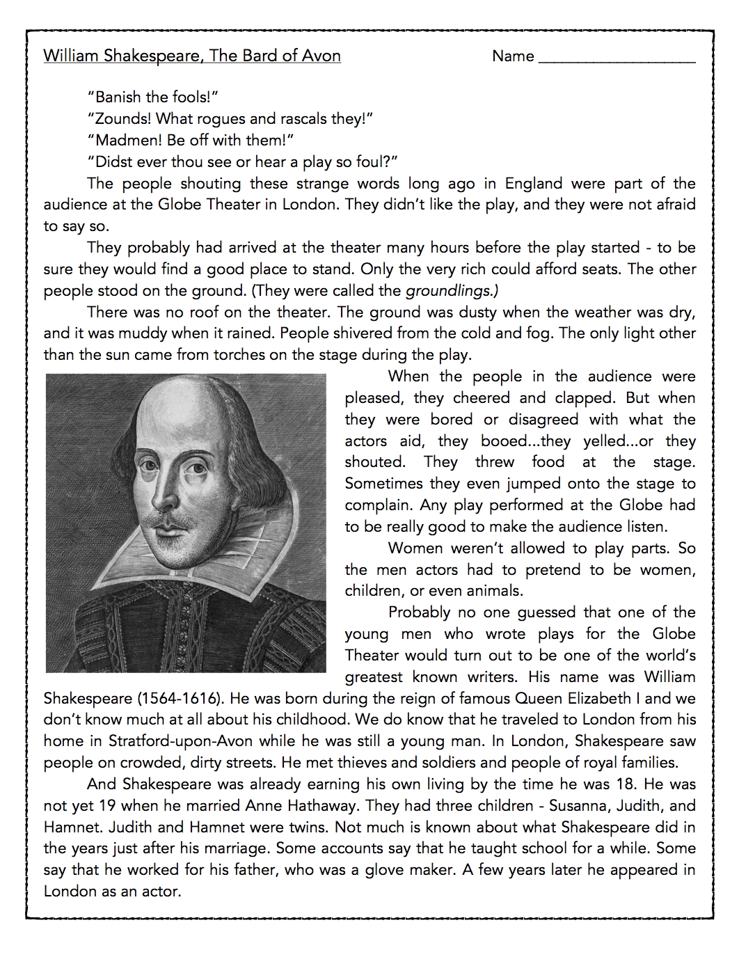 William Shakespeare Reading Comprehension Passage And Assessment 