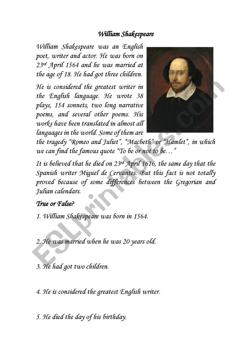 William Shakespeare Reading ESL Worksheet By Silvi85