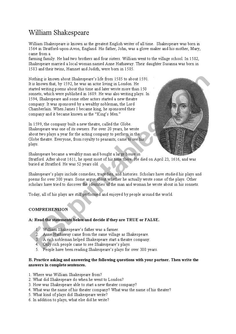 William Shakespeare Reading Pre Intermediate ESL Worksheet By 