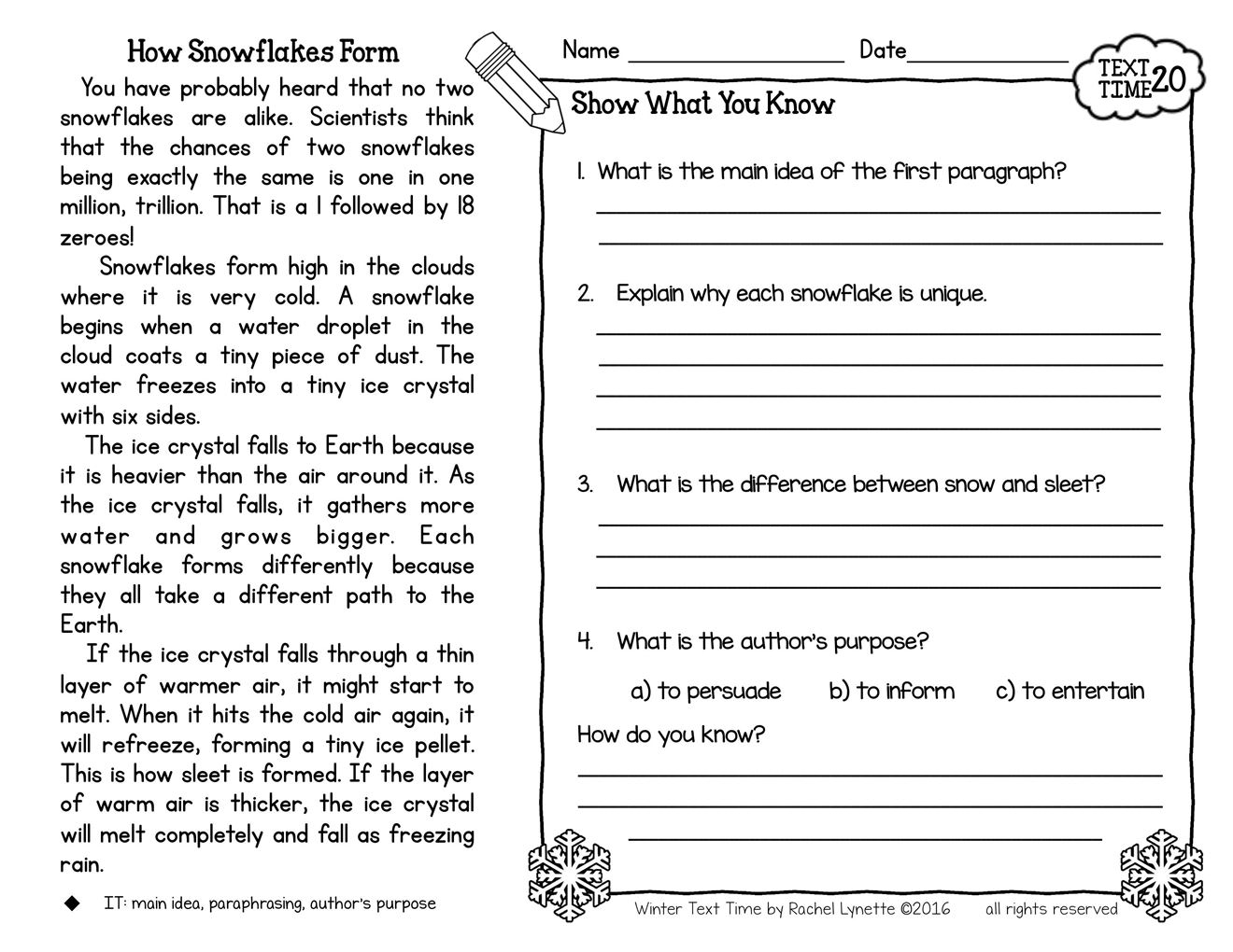 Winter Reading Passage How Snowflakes Form Informational Text nonfiction Minds In Bloom Unlimited