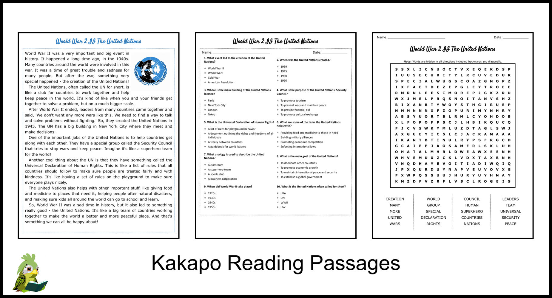 World War 2 II The United Nations Reading Comprehension And Word Search Teaching Resources