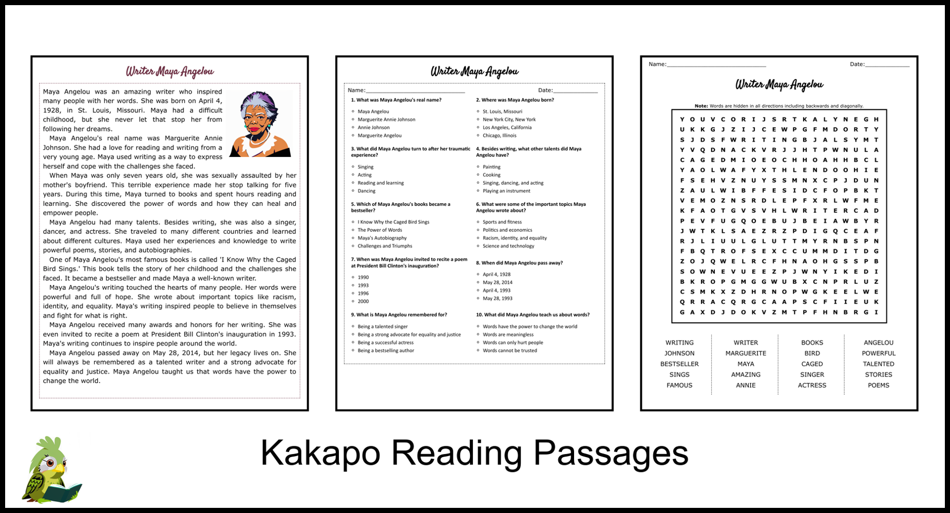 Maya Angelou Reading Comprehension Worksheet