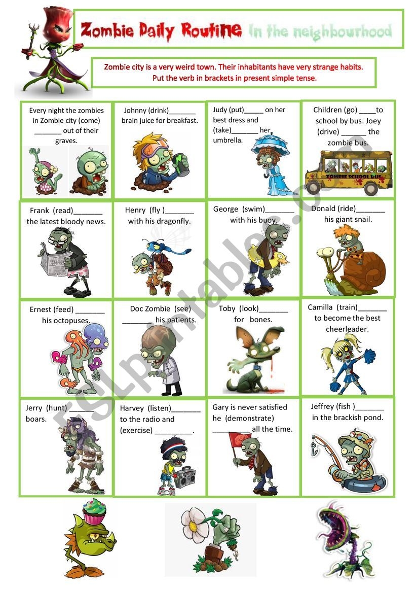 Zombie Daily Routine Present Simple ESL Worksheet By Cariboo