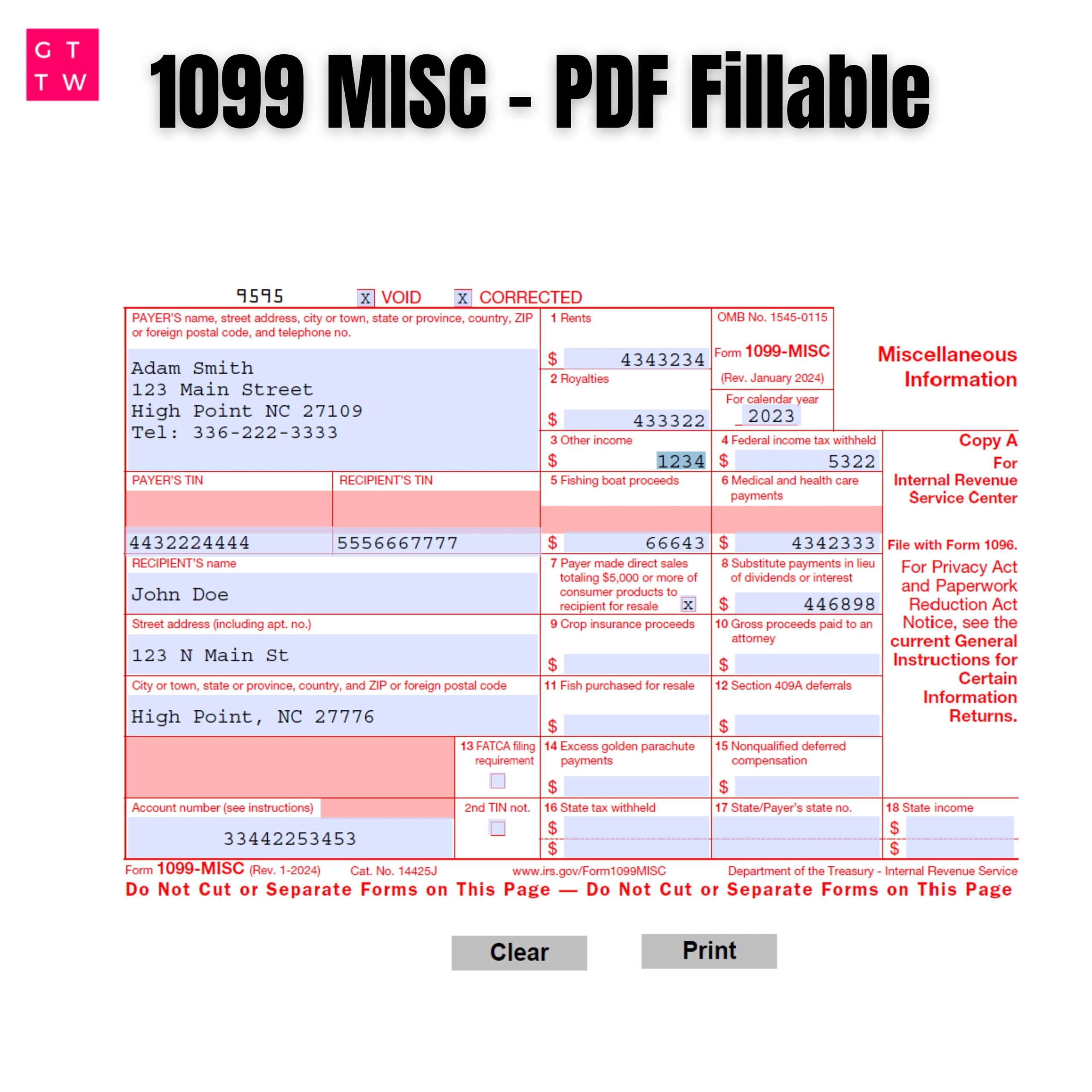 2024 1099 MISC IRS Forms Copy A Print Template PDF Fillable With Clear And Print Buttons Print On Preprinted Form Digital Download Etsy