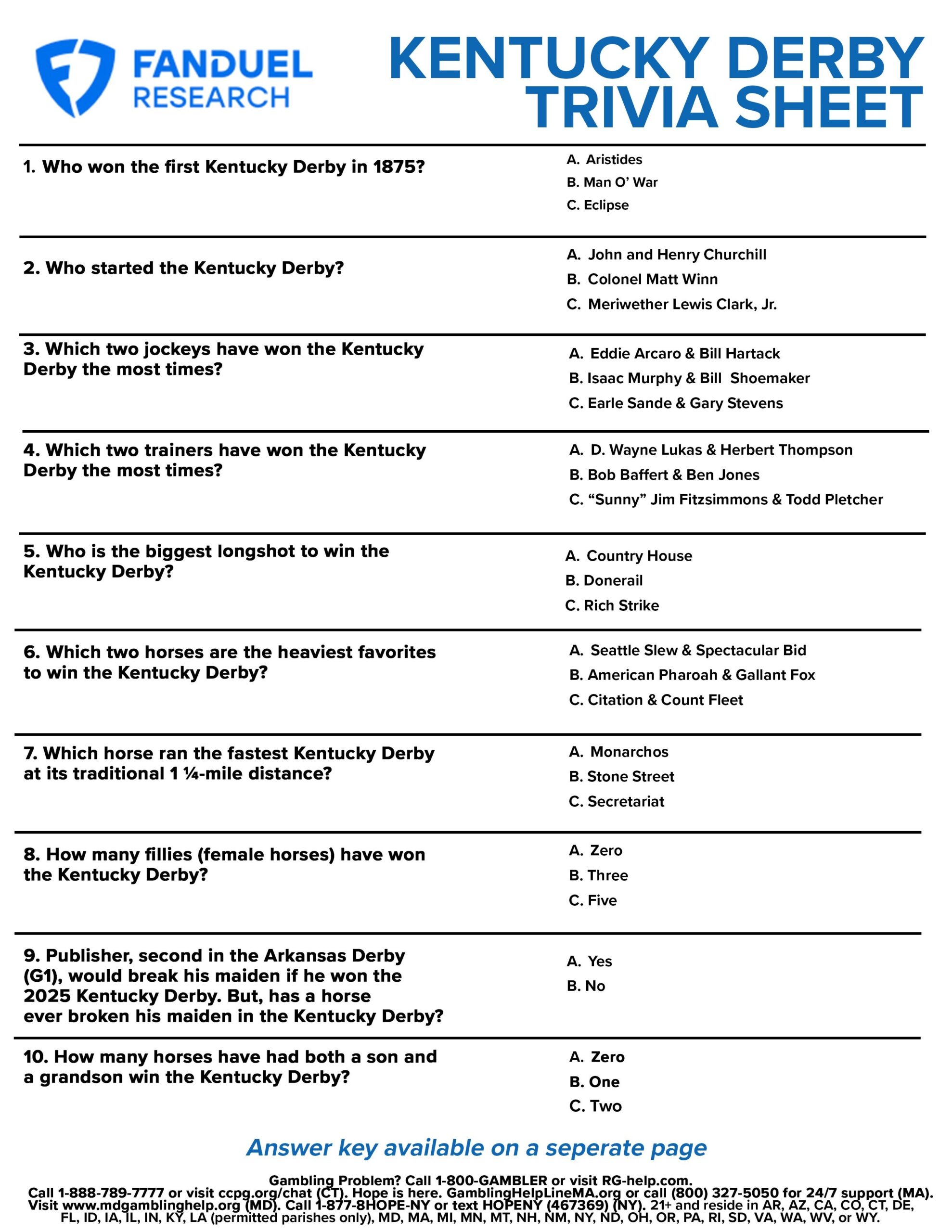 2025 Kentucky Derby Free Printable Trivia Sheet Fun Facts About 