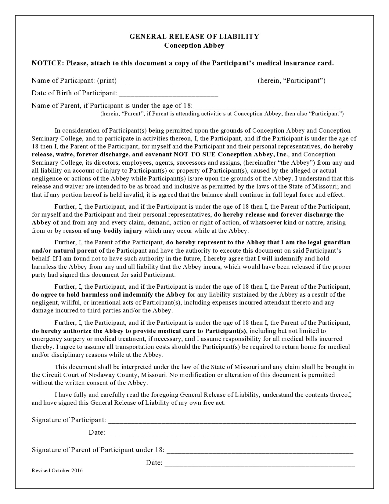 Printable Free Release Of Liability Form
