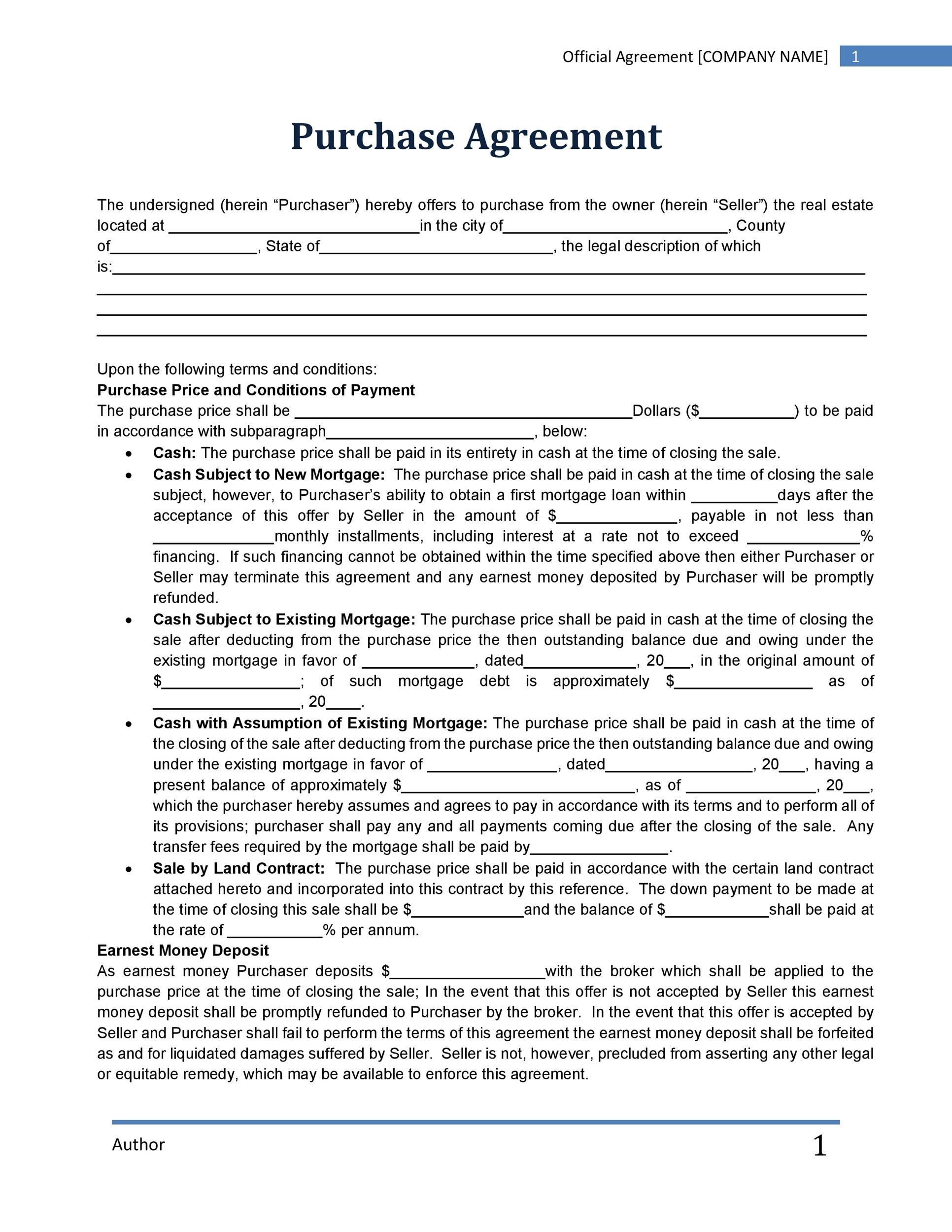 Free Printable Real Estate Purchase Agreement Form