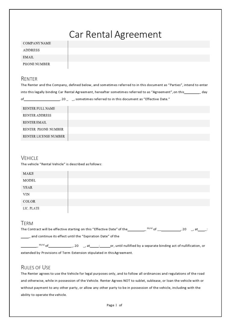 38 Free Car Rental Agreements u0026 Forms TemplateLab