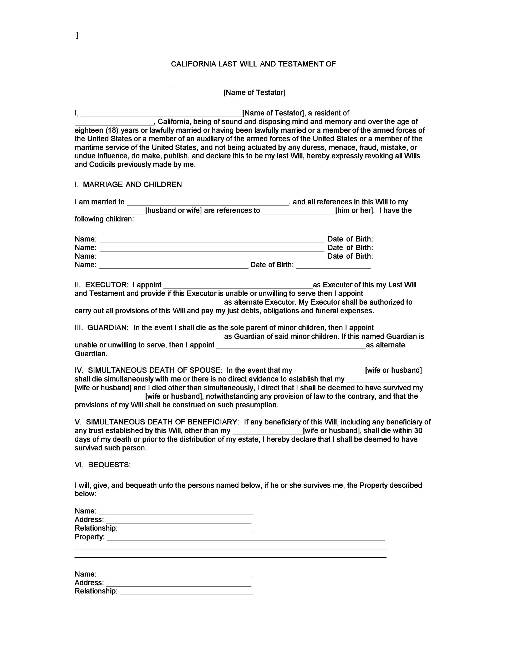 Free Legal Forms Will Printable