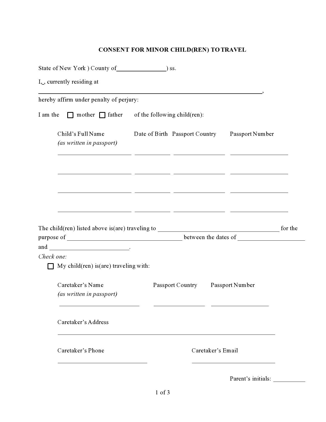 Fre Printable Child Travel Consent Form Pdf