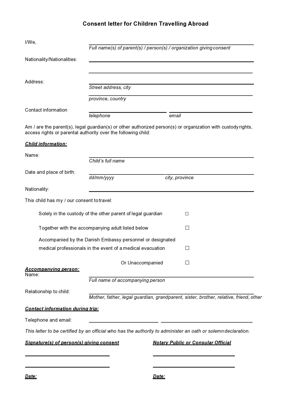 45 Printable Child Travel Consent Forms Word U0026 PDF 