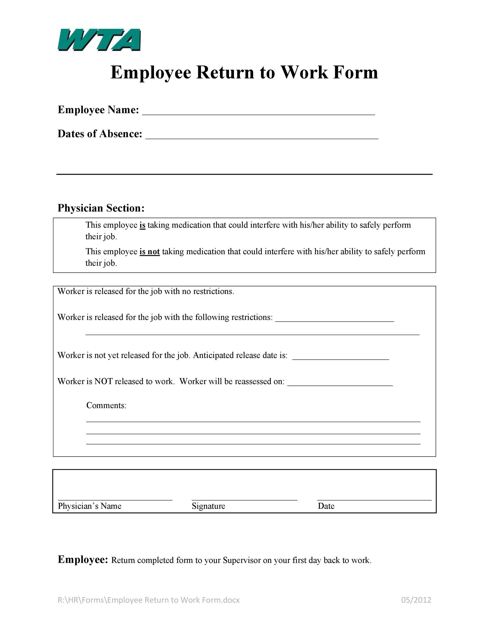 49 Best Return To Work u0026 Work Release Forms TemplateLab