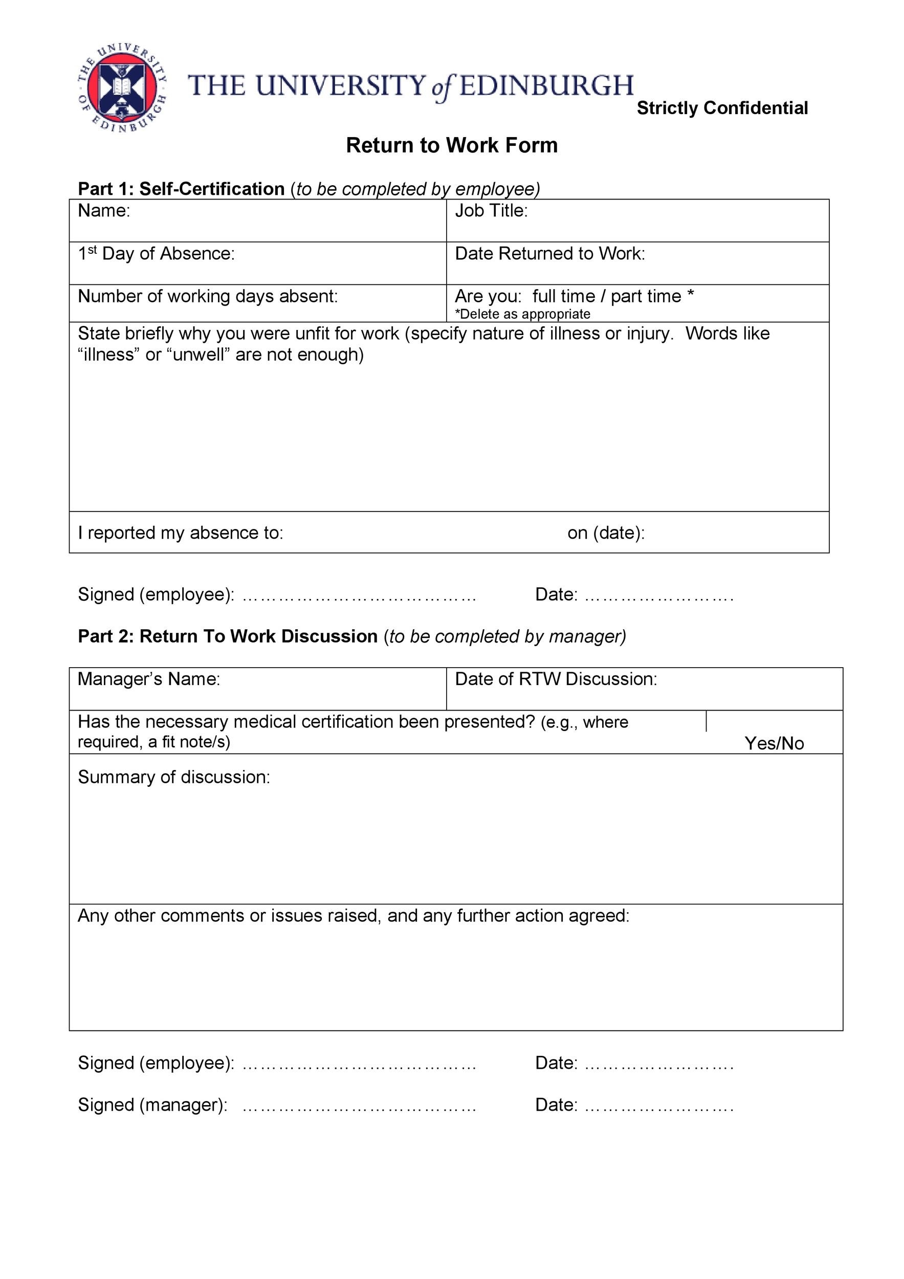 Free Printable Return To Work Form