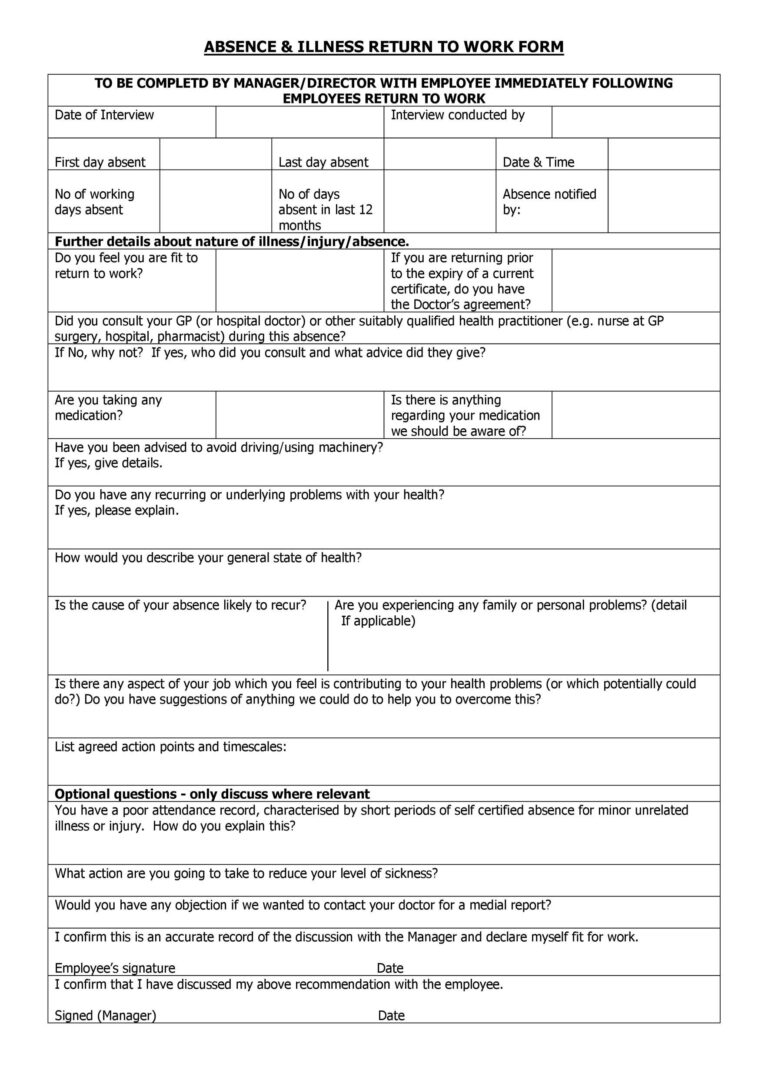 49 Best Return To Work u0026 Work Release Forms TemplateLab