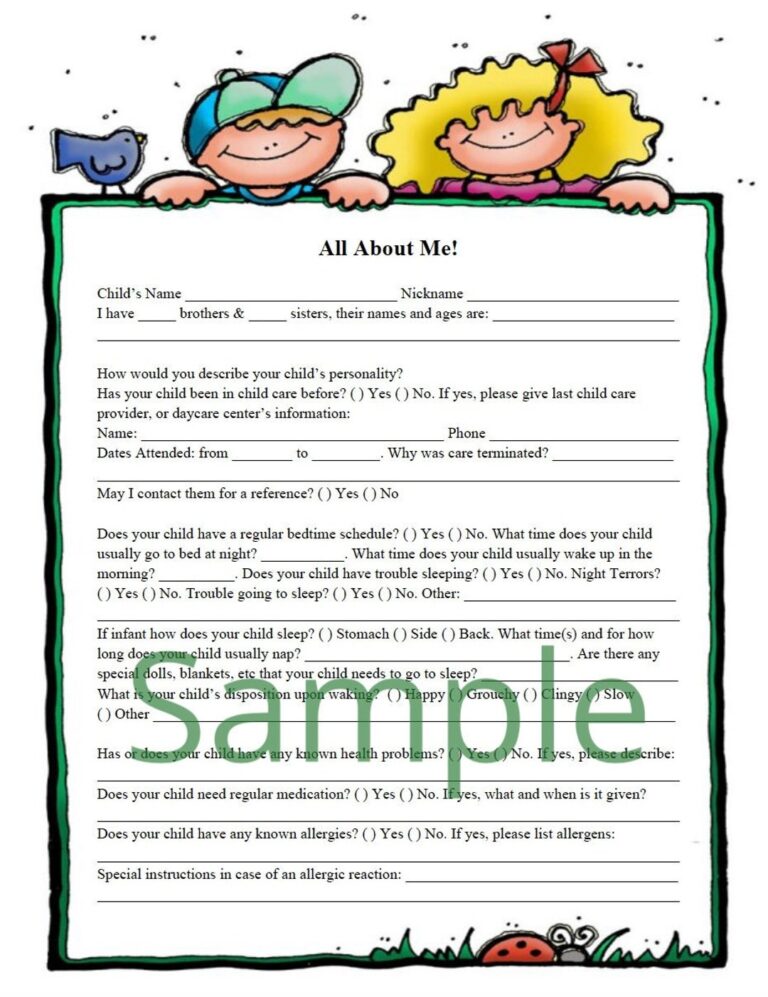 All About Me Daycare Questionnaire Fully Editable Child Care Form PDF MS Word Text File U0026 Template Png Download Save Print Today Etsy