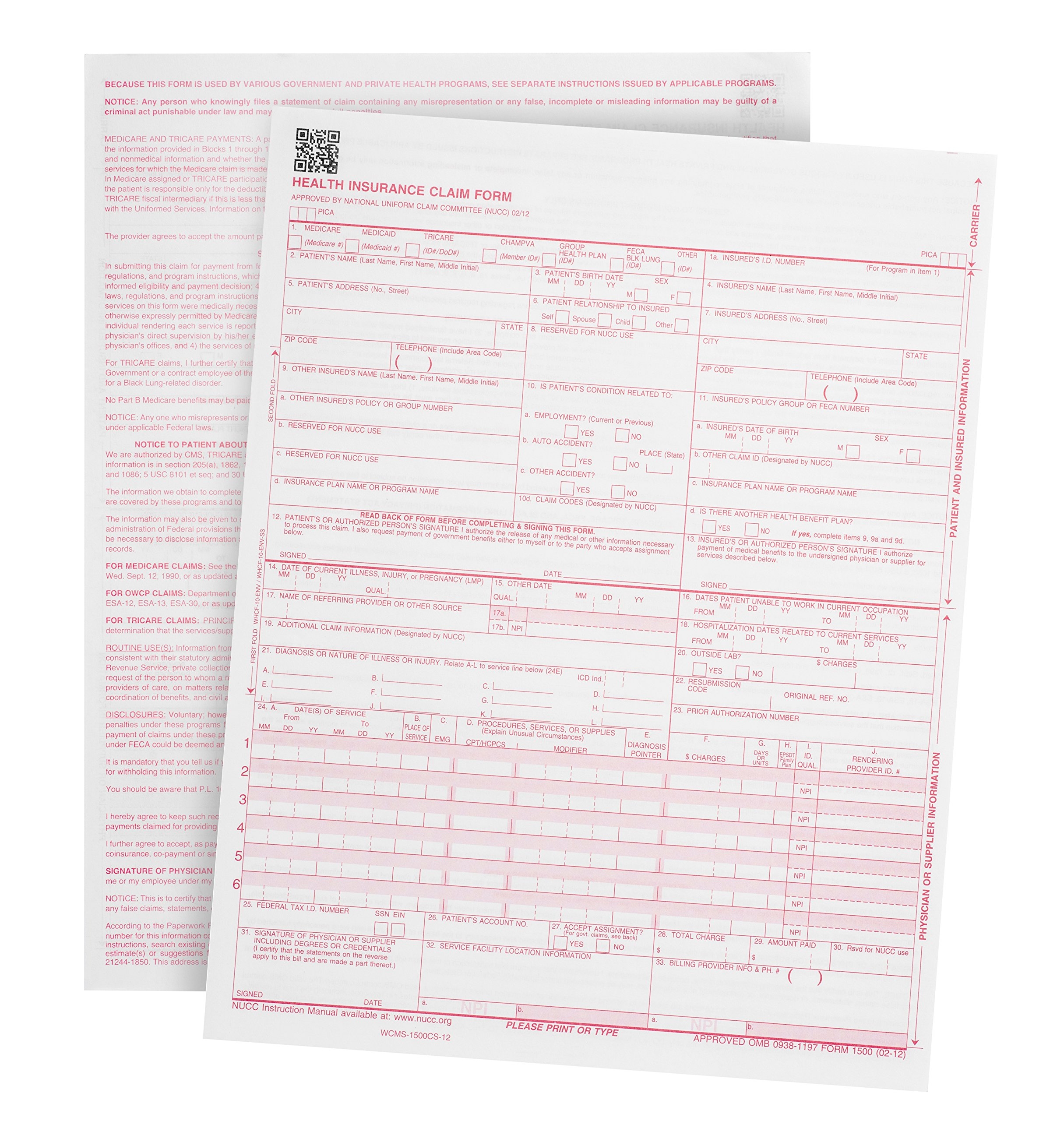 Amazon 500 CMS 1500 Claim Forms Current HCFA 02 2012 New Version Valid For HCFA 1500 Claim Forms 2024 And 2025 Line Up With Billing Software 