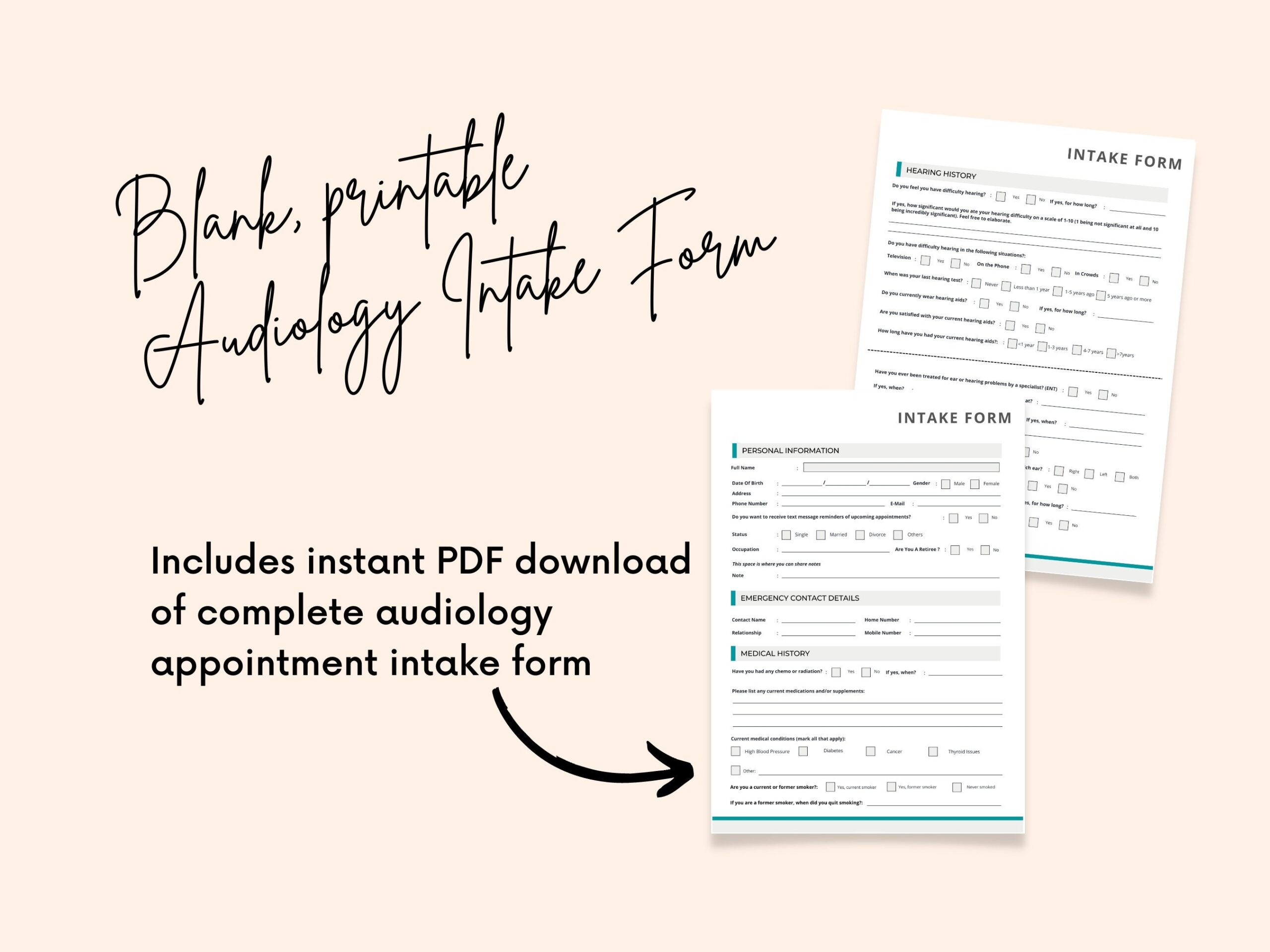 Audiology Intake Form Printable Instant Download Audiology Form Ear Nose And Throat Hearing Loss Medical History Hearing History Etsy