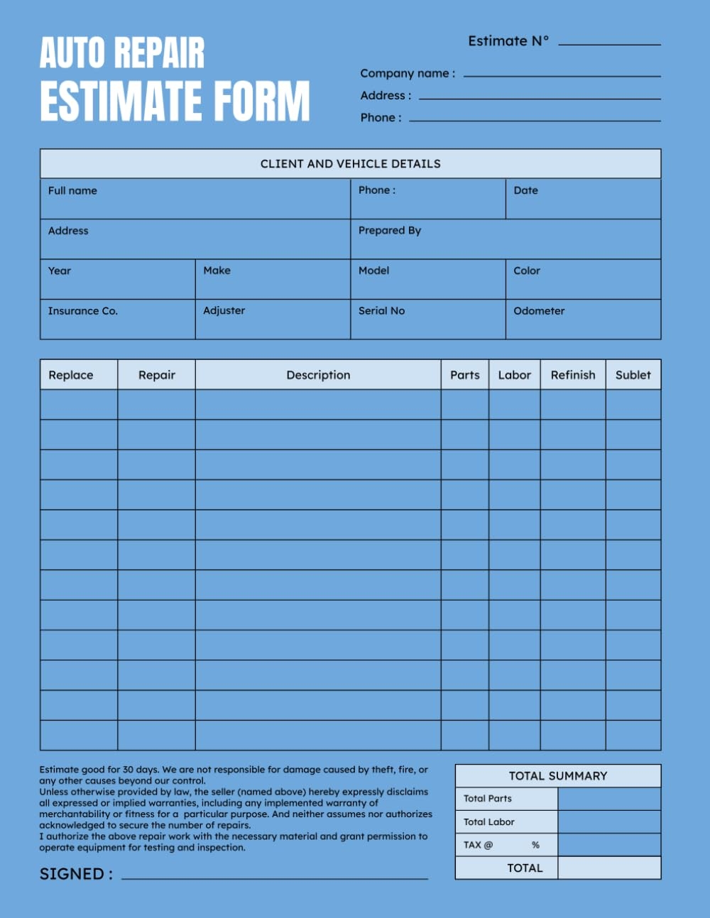 Free Printable Auto Repair Forms