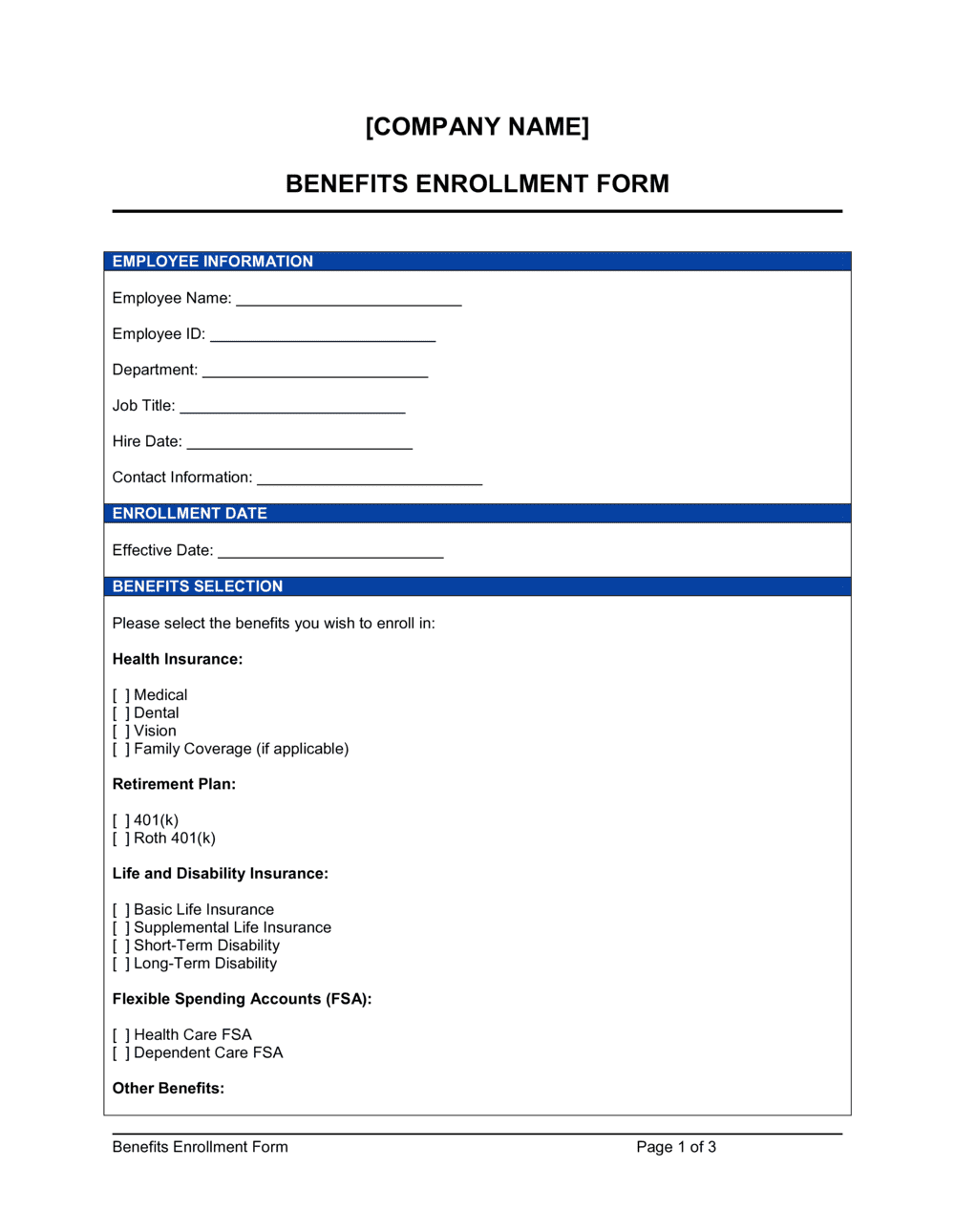 Benefits Enrollment Form Template