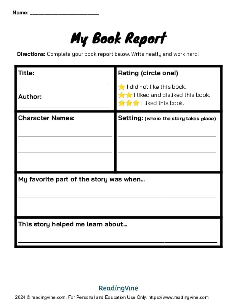 Free Printable Book Report Form
