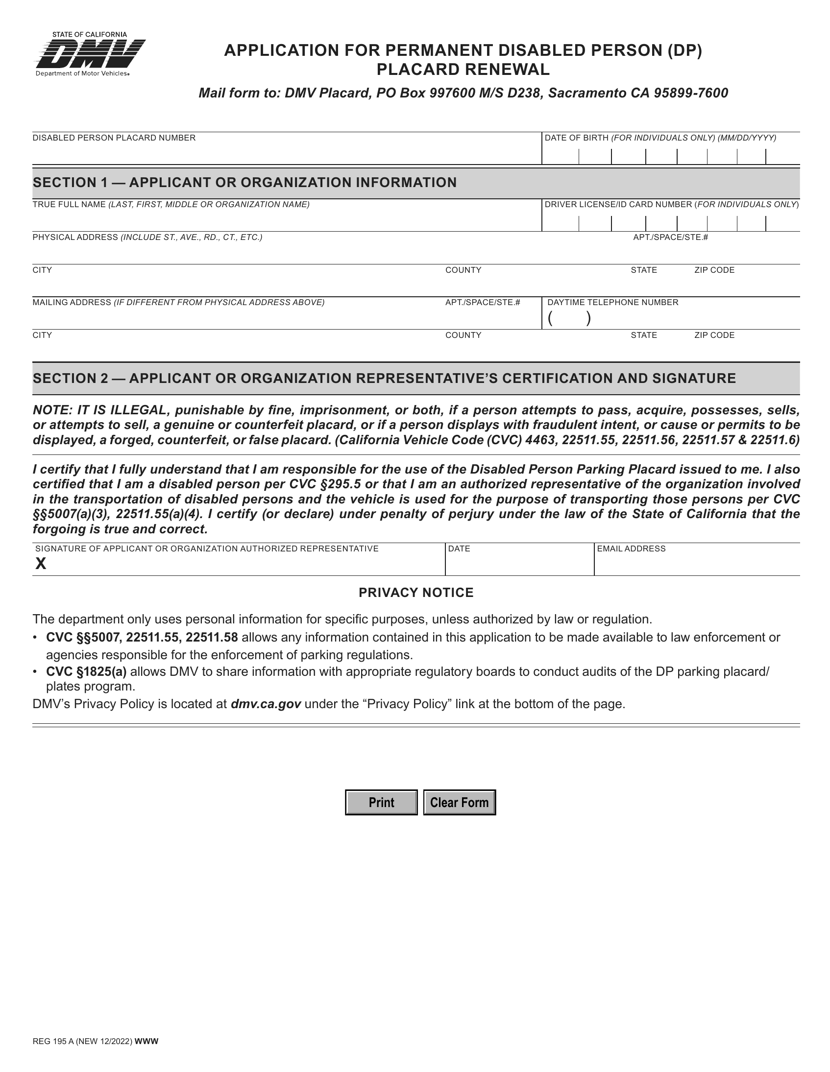 CA DMV Form REG 195 A Application For Permanent Disabled Person DP Placard Renewal Forms Docs 2023