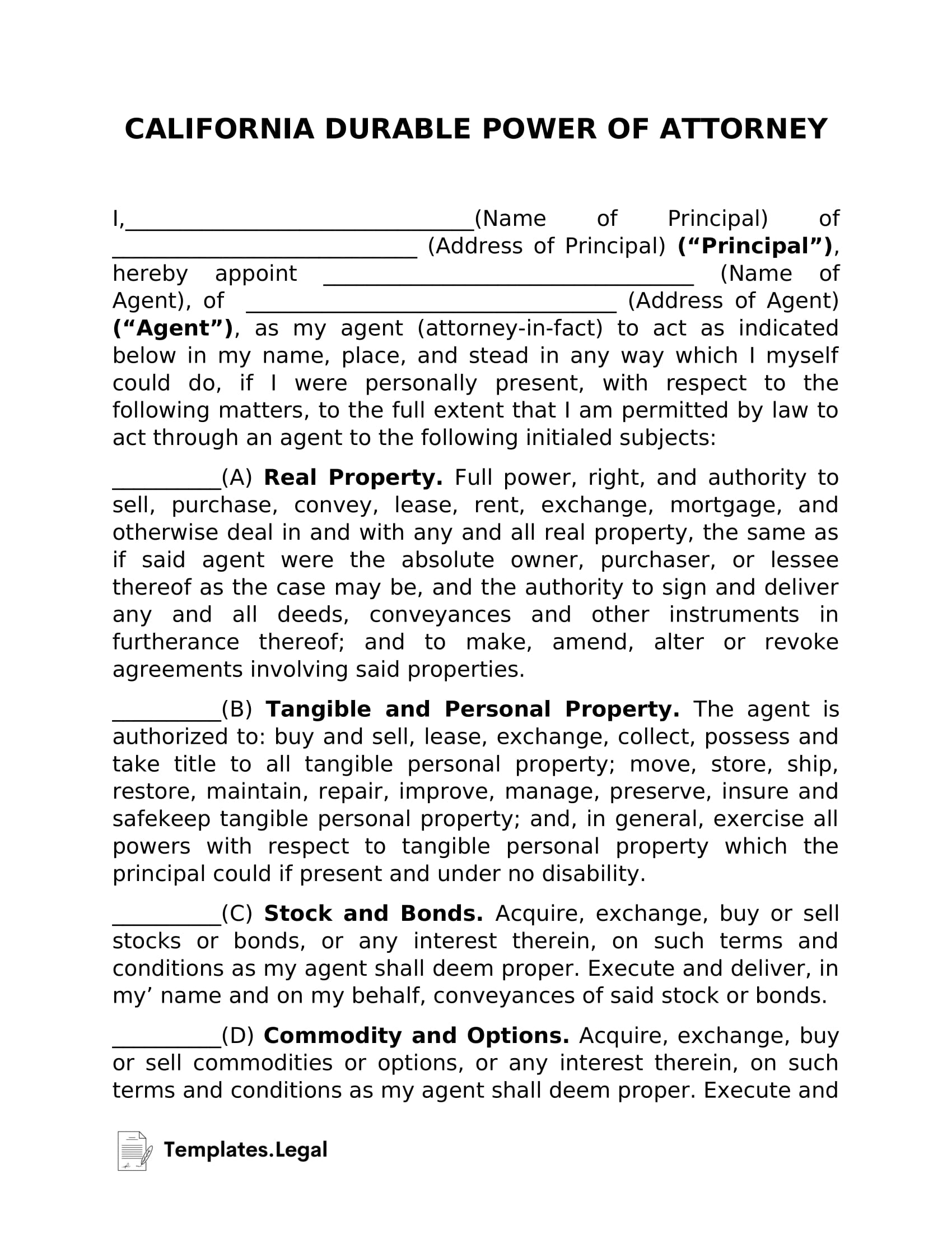 California Power Of Attorney Templates Free Word PDF U0026 ODT 