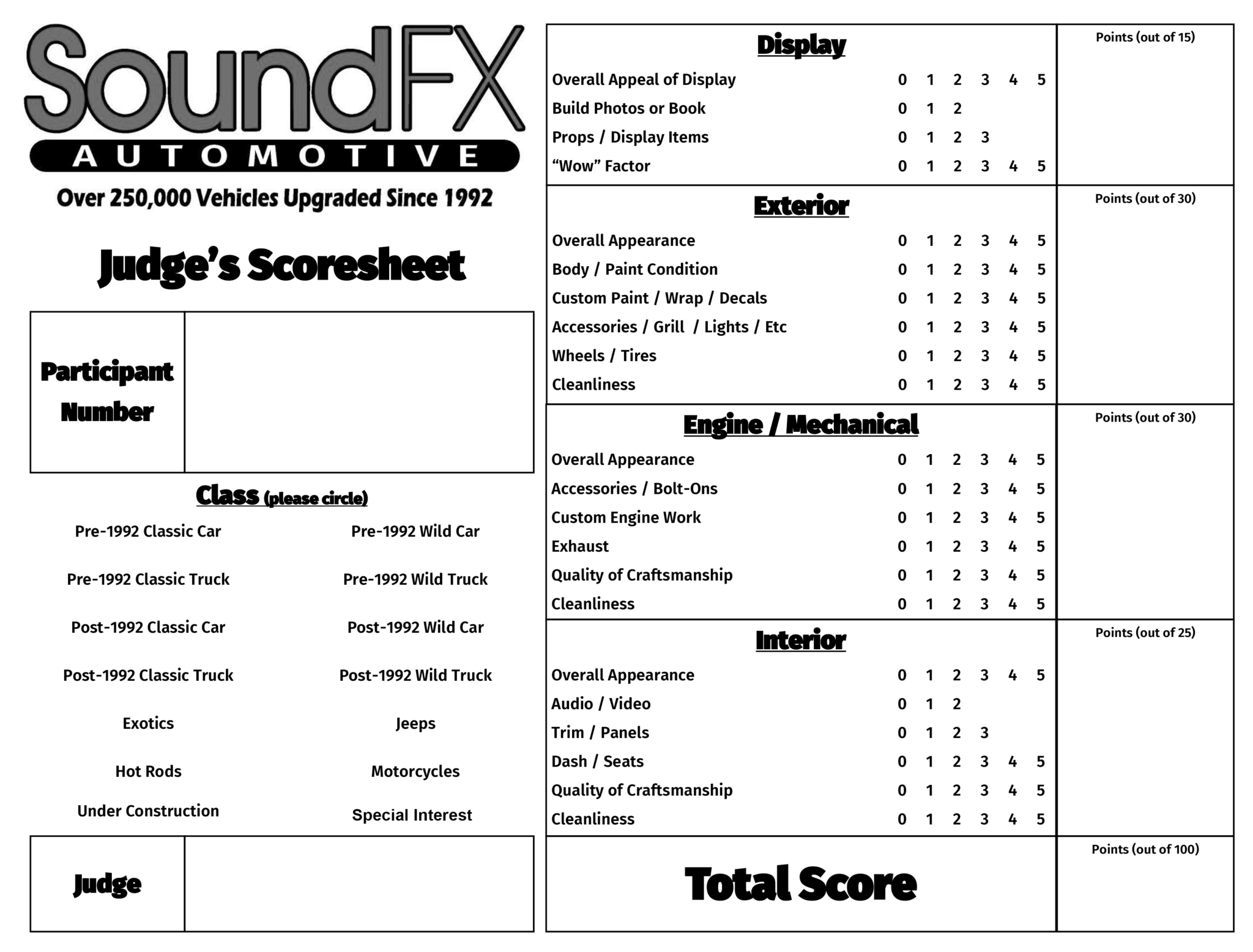 Car Show Judging Form SoundFX