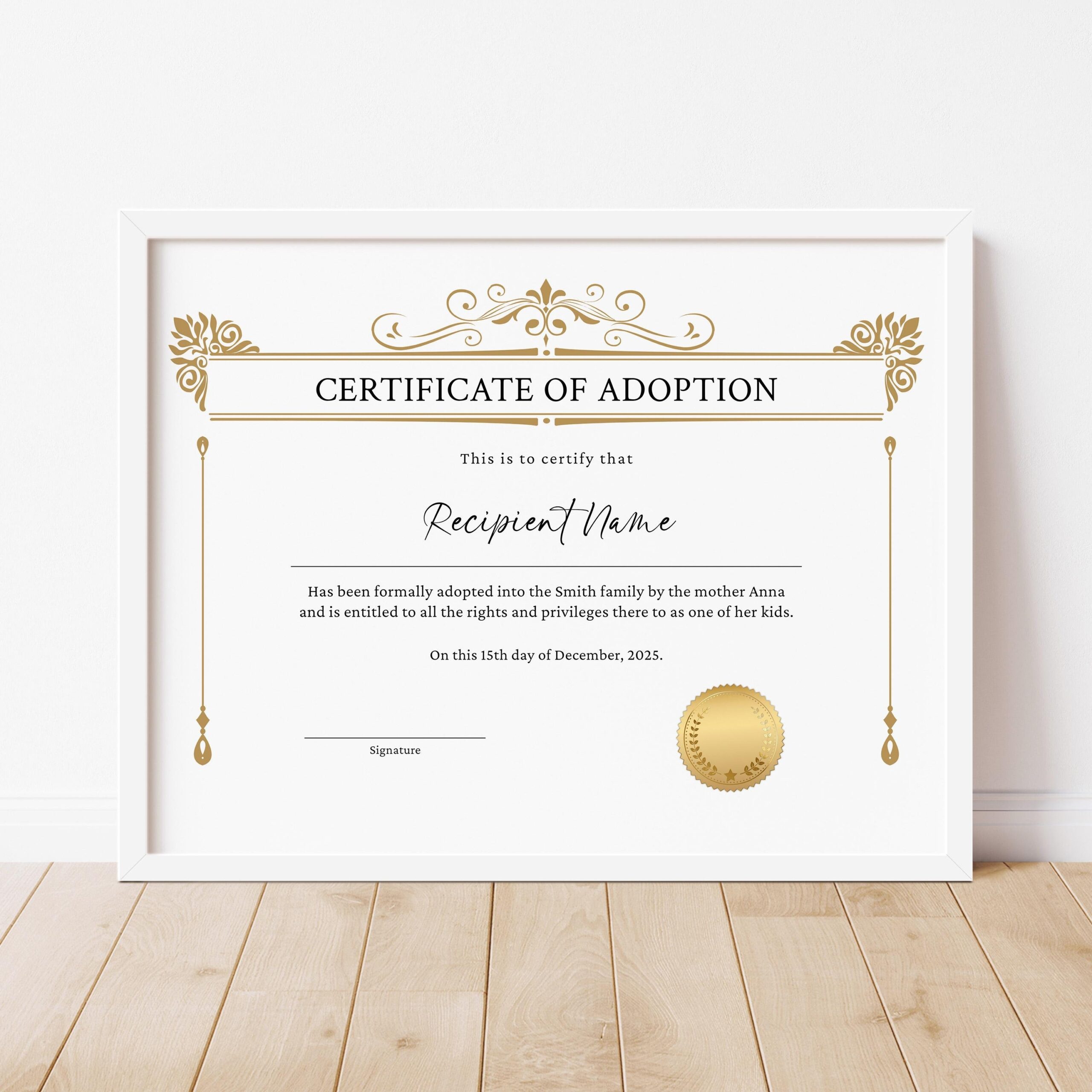 Certificate Of Adoption To Our Family Editable Printable 