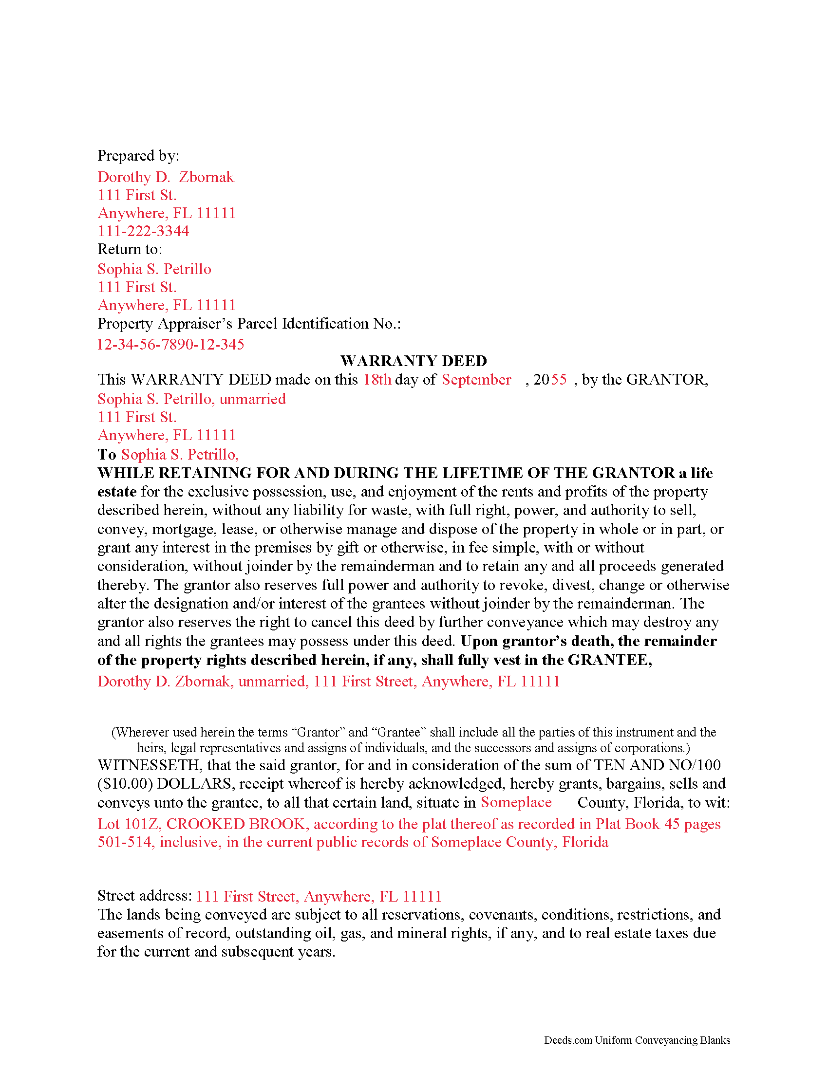 Charlotte County Enhanced Life Estate Deed Ladybird Warranty Deed 