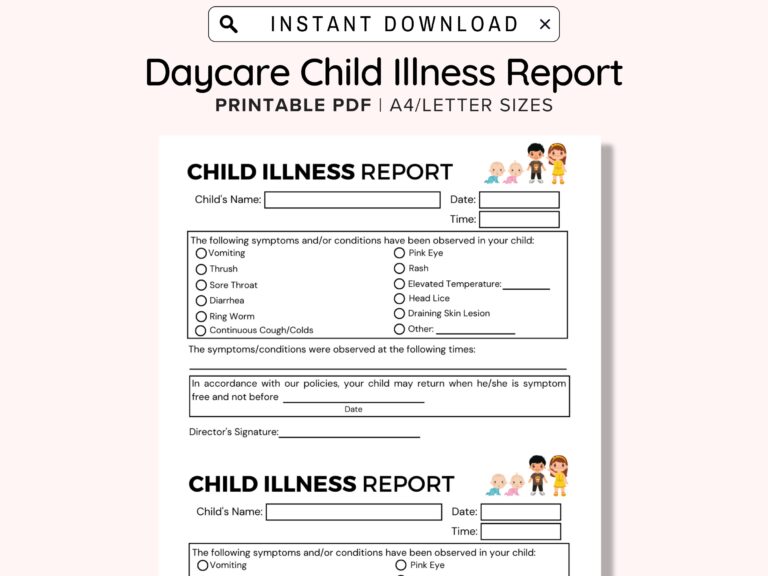 Child Illness Notice Printable Daycare Printable Child Sick Report Preschool Symptom For Perfect For Child Care Centers And Home Daycares Etsy