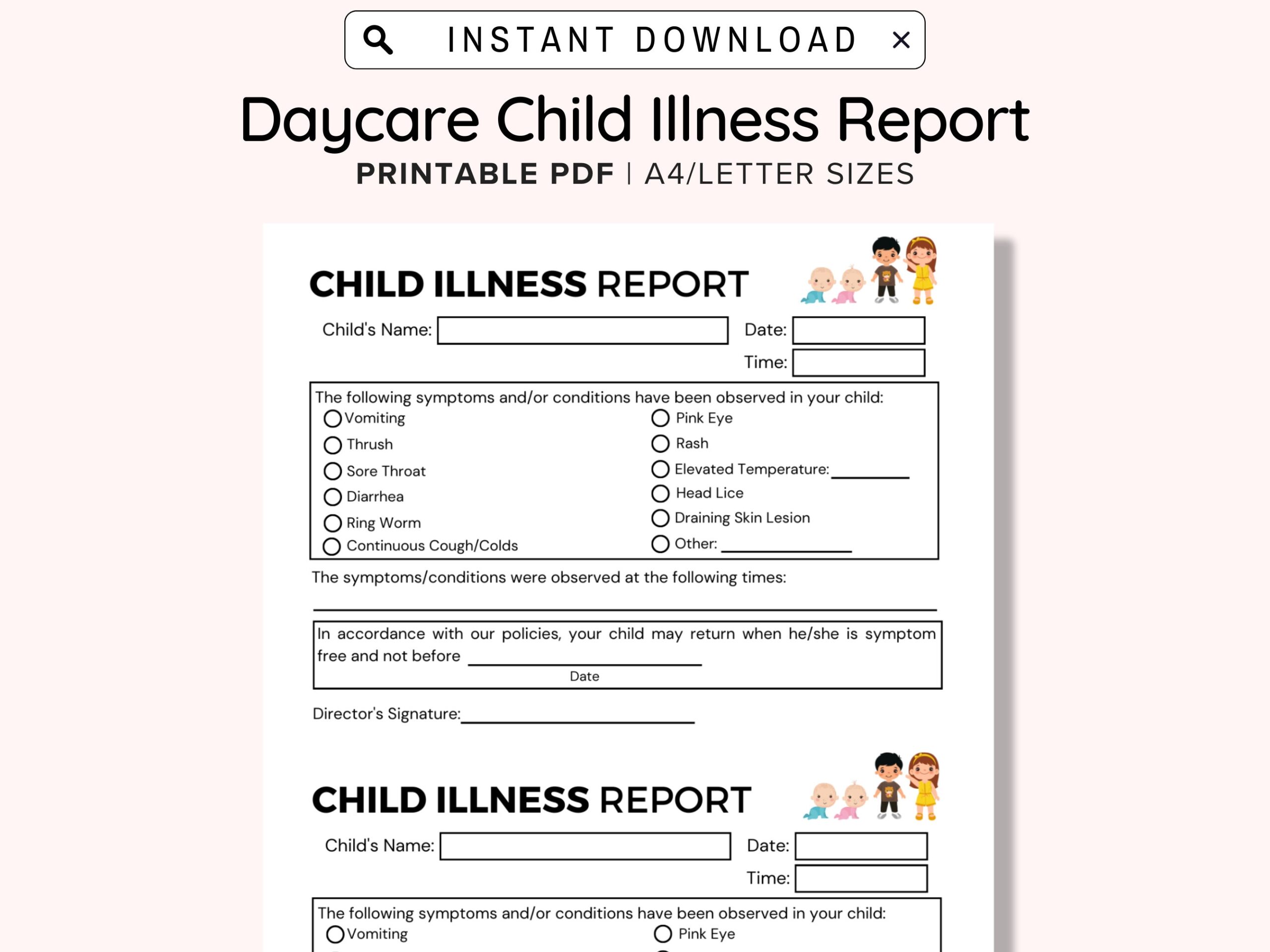 Child Illness Notice Printable Daycare Printable Child Sick Report Preschool Symptom For Perfect For Child Care Centers And Home Daycares Etsy