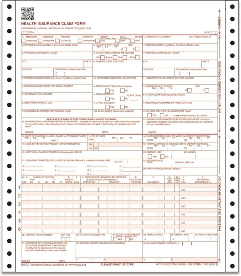CMS 1500 Health Insurance Claim Forms 1 Part Continuous 9 5 X 11 Inches 250 Forms