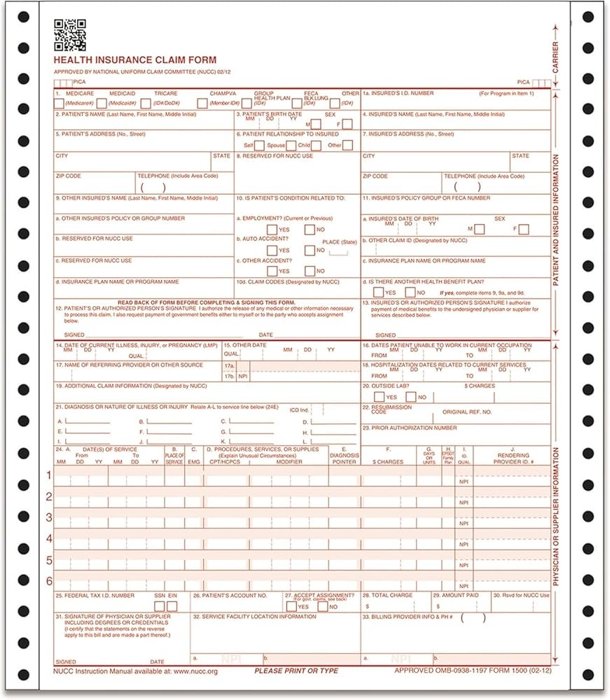 CMS 1500 Health Insurance Claim Forms 1 Part Continuous 9 5 X 11 Inches 500 Forms