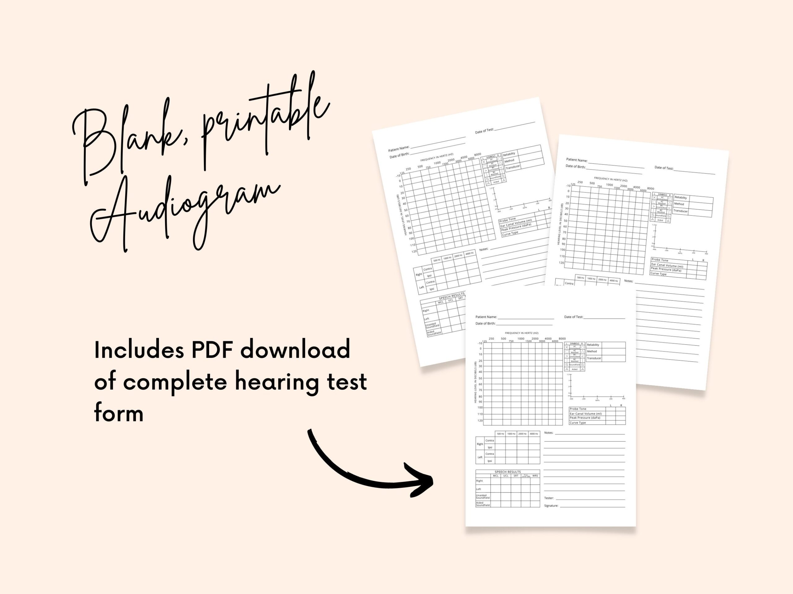 Complete Hearing Test Printable Audiology Audiology Forms Ear Nose And Throat Hearing Loss Audiogram Tympanogram Speech Test Etsy