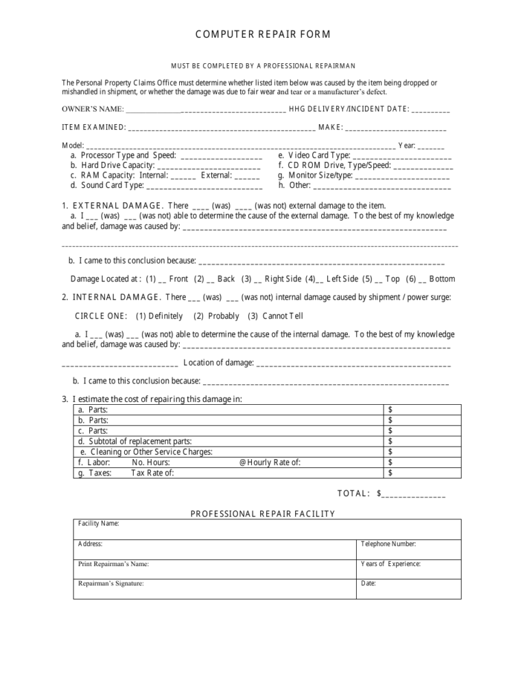 Computer Repair Form Fill Out Sign Online And Download PDF 