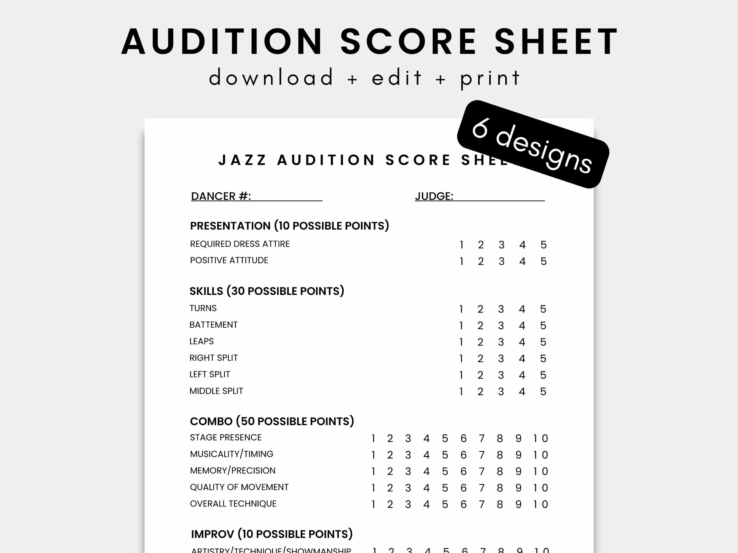Dance Audition Score Sheet Dance Team Score Sheet Dance Competition Team Score Sheet Judge Sheet Etsy