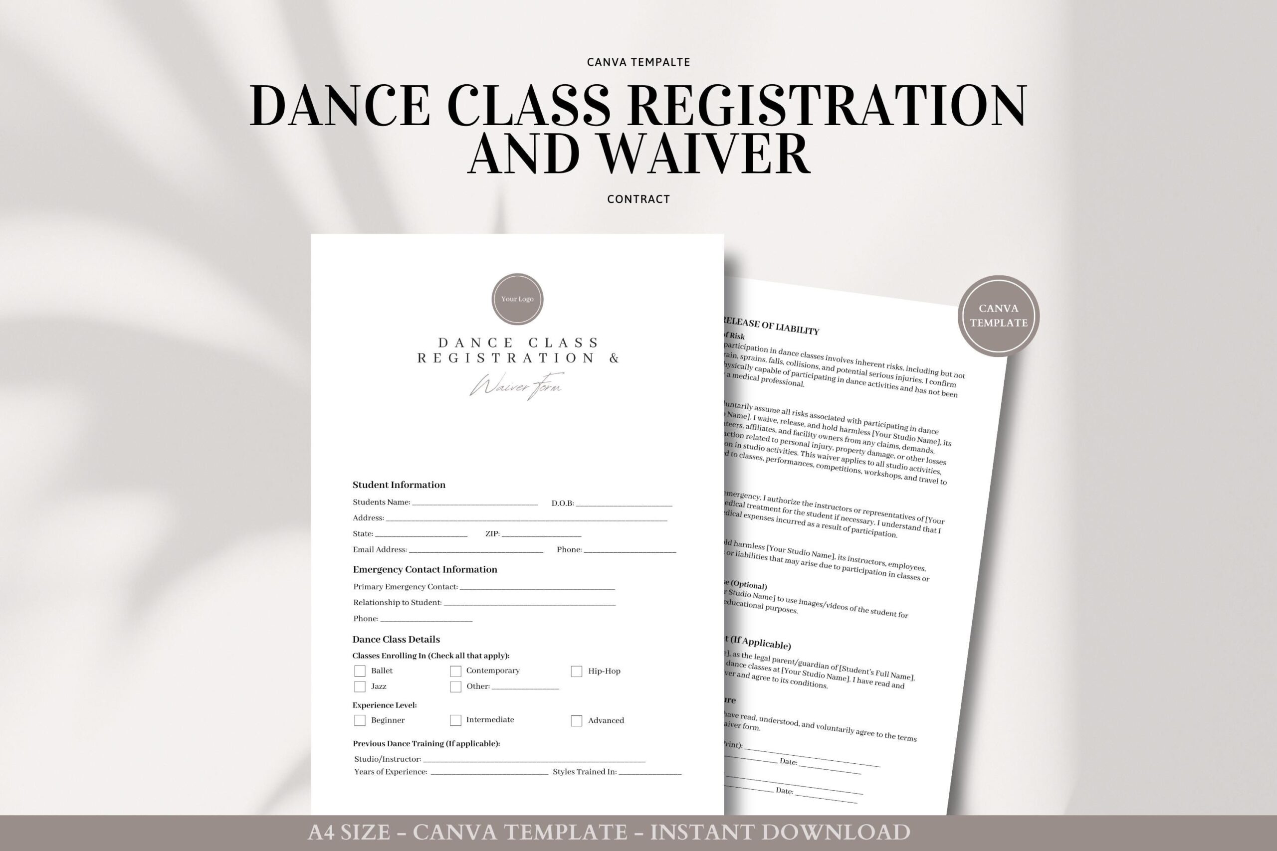 Dance Class Registration And Waiver Form Template Customizable Canva Template For Studios And Instructors Etsy