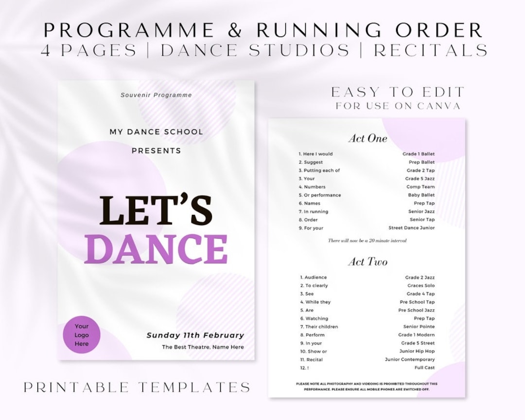 Dance Show Programme Template Recital Program Event Running Order Editable Dance Programme Performance Dance Studio Layout Etsy