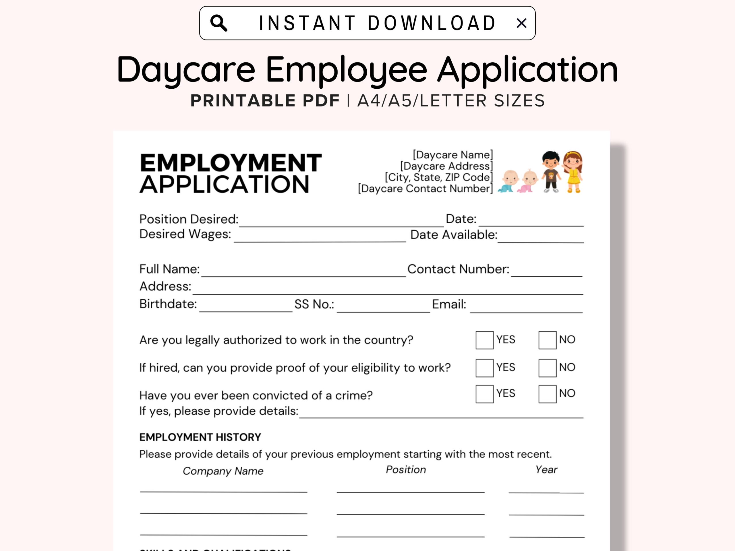 Daycare Employee Application Printable Childcare Center Printable 