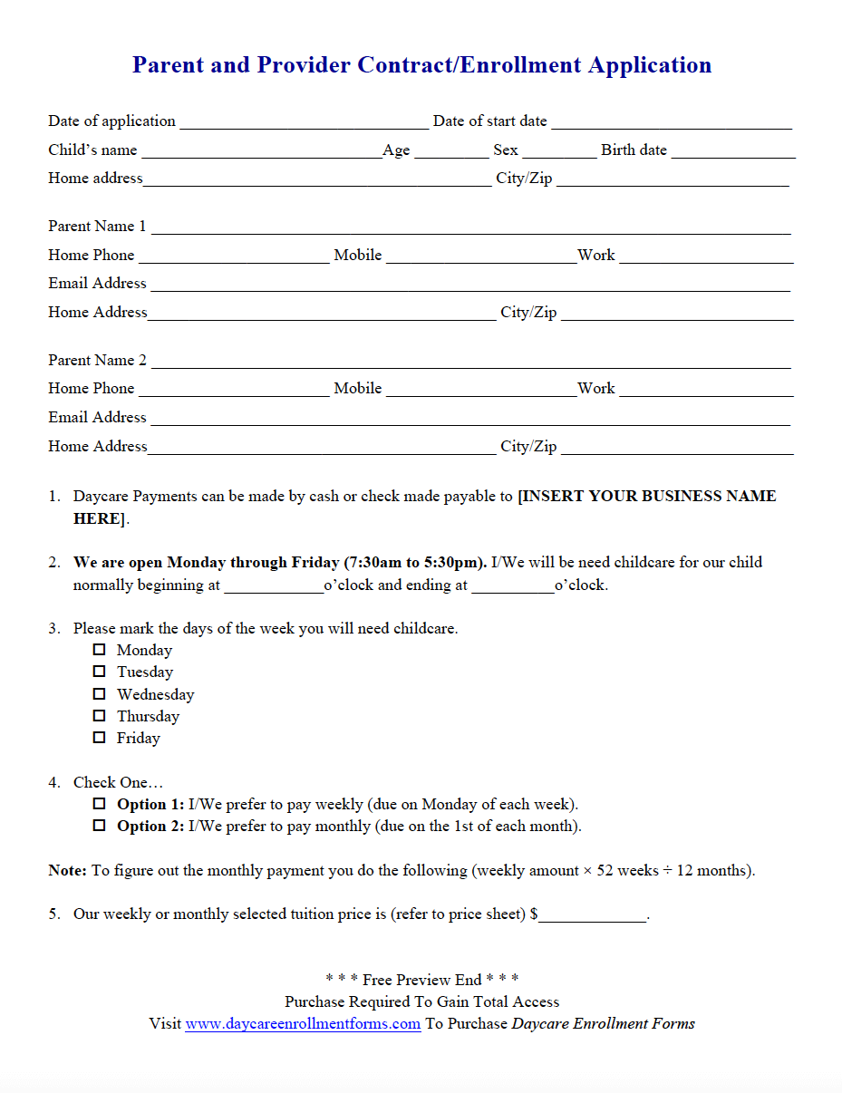 Daycare Enrollment Forms Child Care Registration Forms U0026 Templates Download Save Print