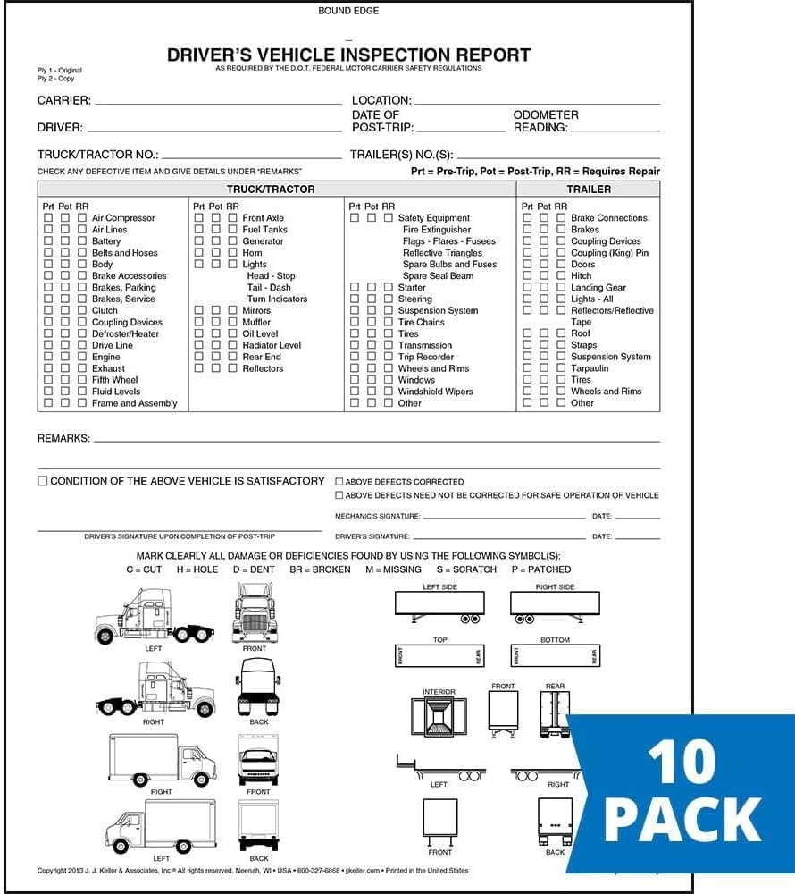 Detailed Driver s Vehicle Inspection Report With Truck U0026 Tractor Trailer Illustrations 10 pk Book Format 2 Ply Carbonless 8 5