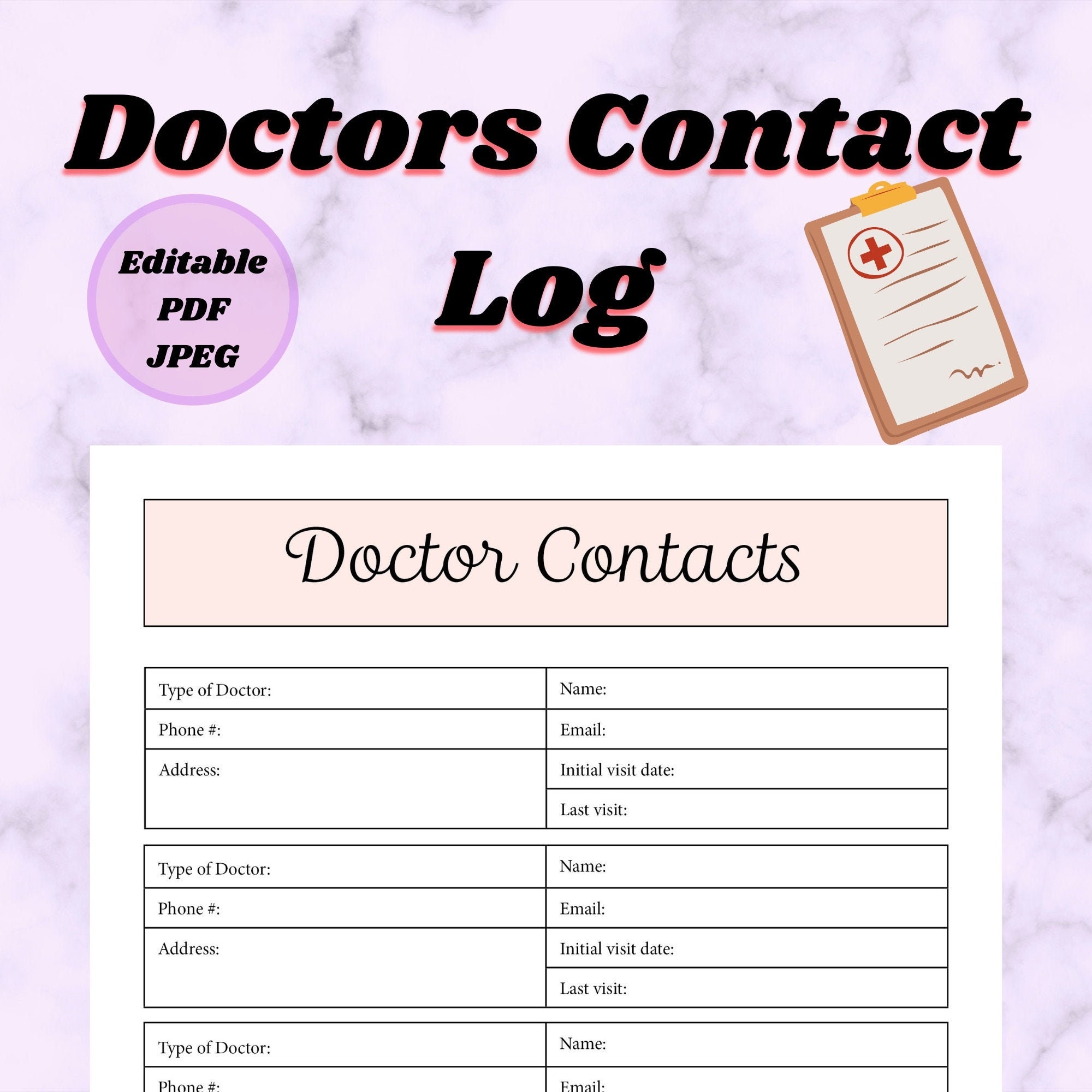 Doctors Contact Log Editable And Printable Digital Download 