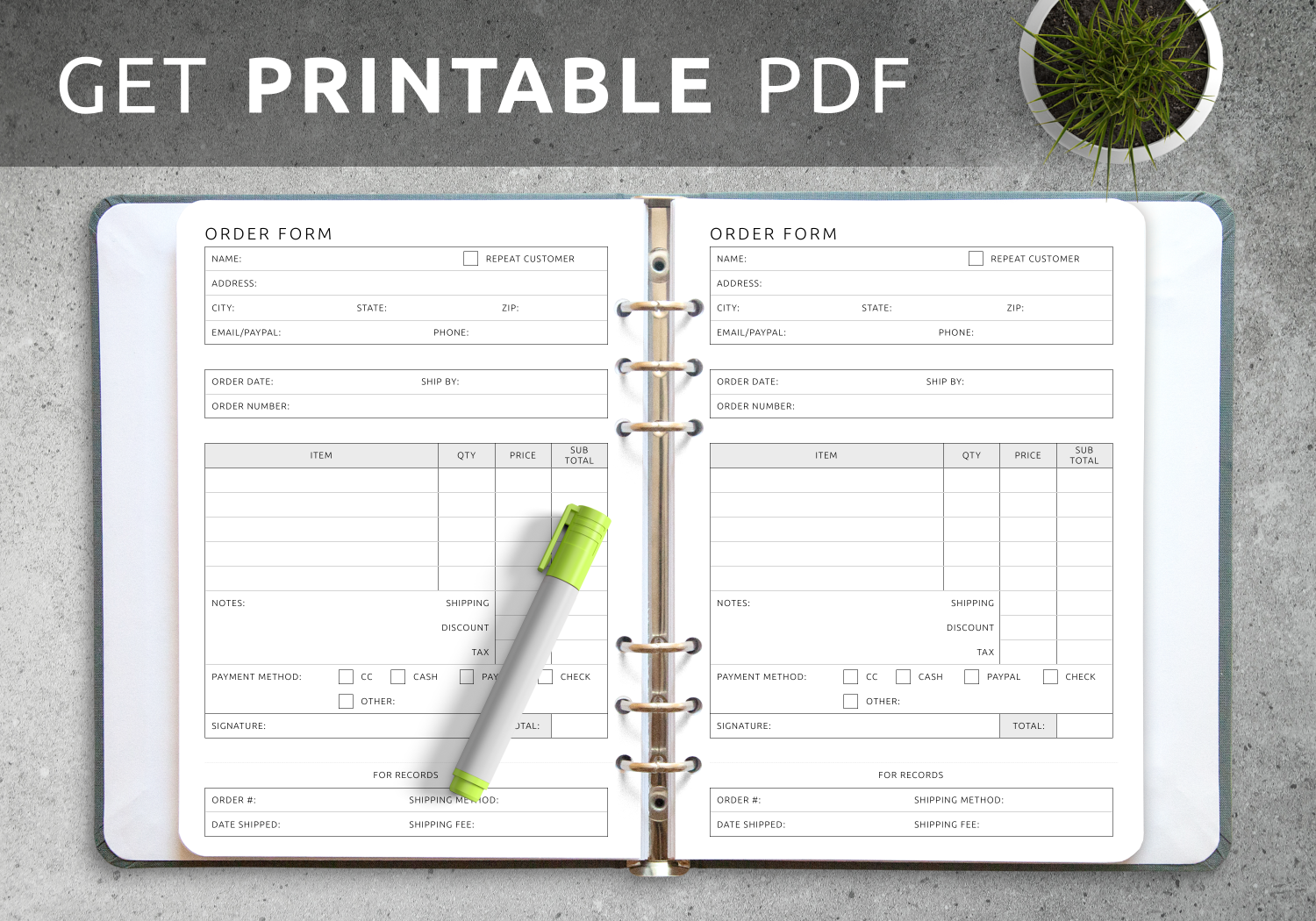 Download Printable Order Form Template PDF