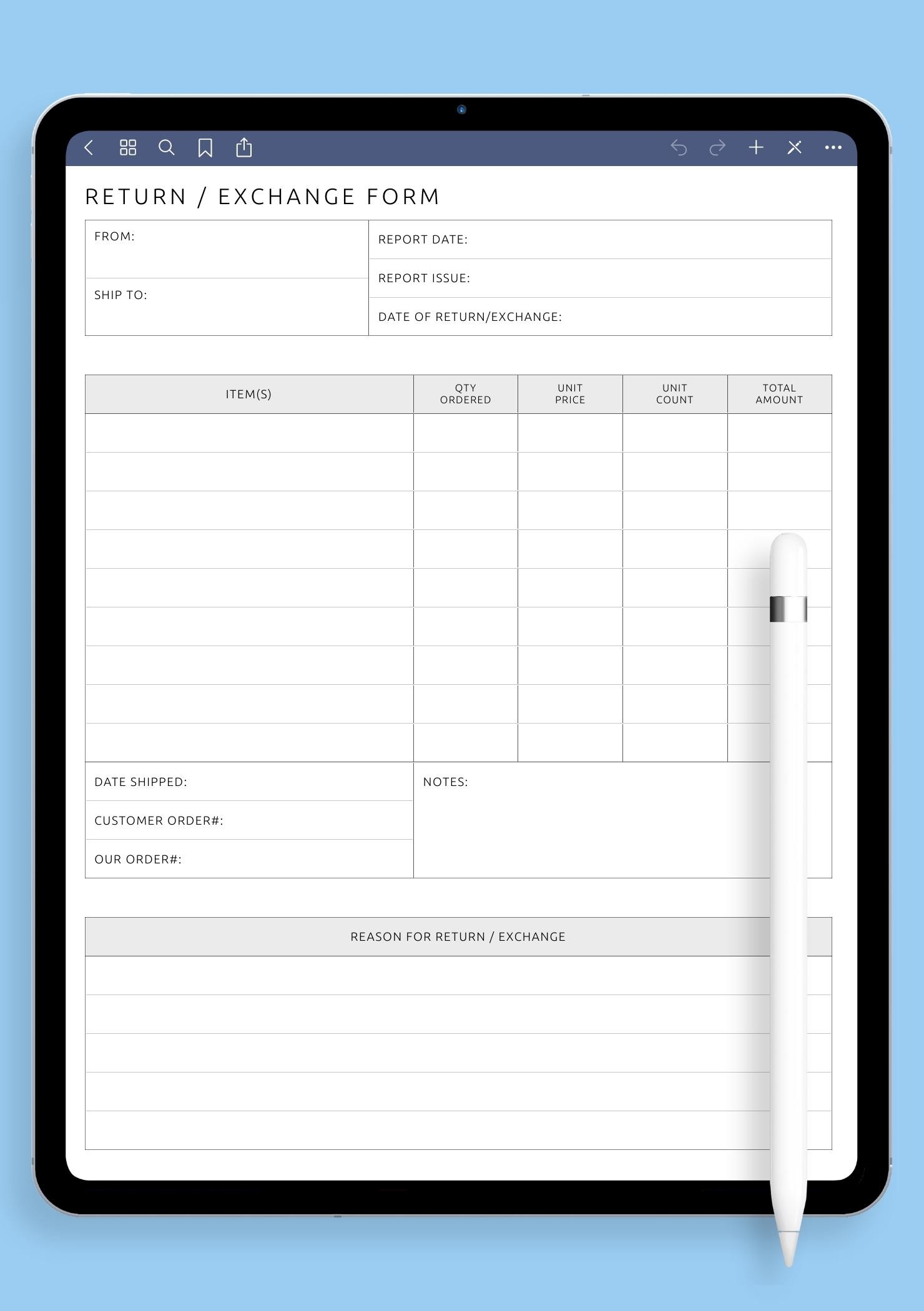 Download Printable Return Exchange Form Template PDF