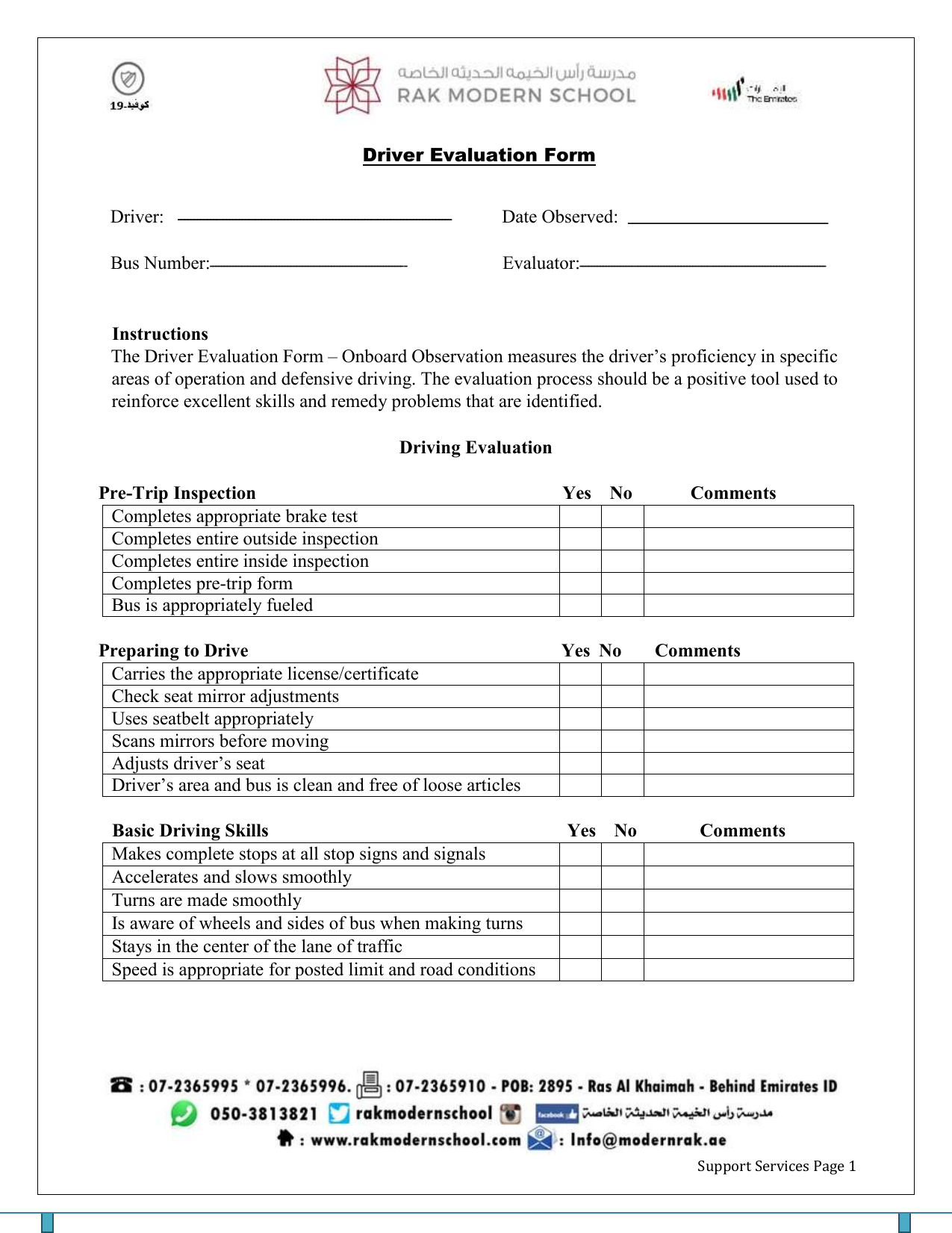 Free Printable Driver Evaluation Forms