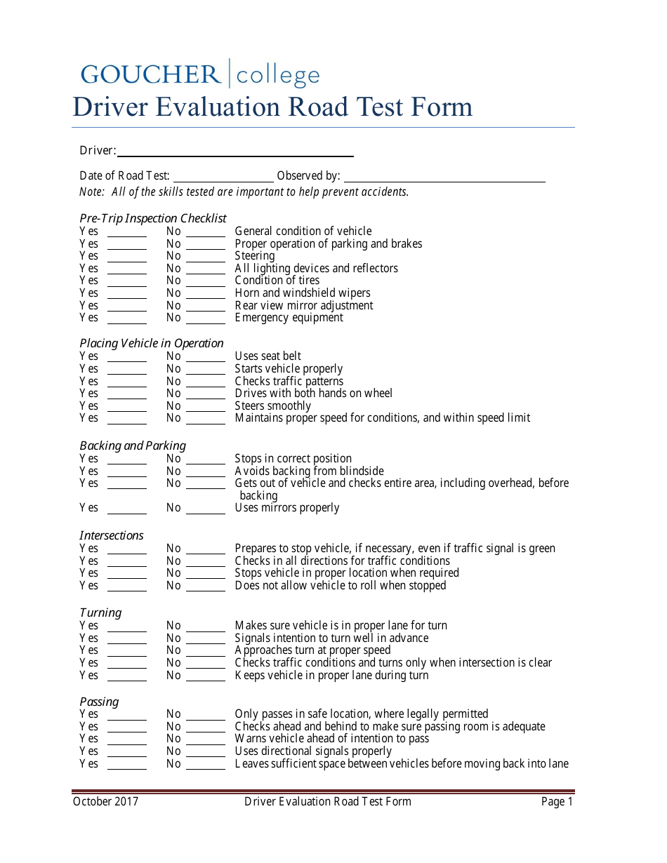 Driver Evaluation Road Test Form Goucher College Fill Out Sign Online And Download PDF Templateroller