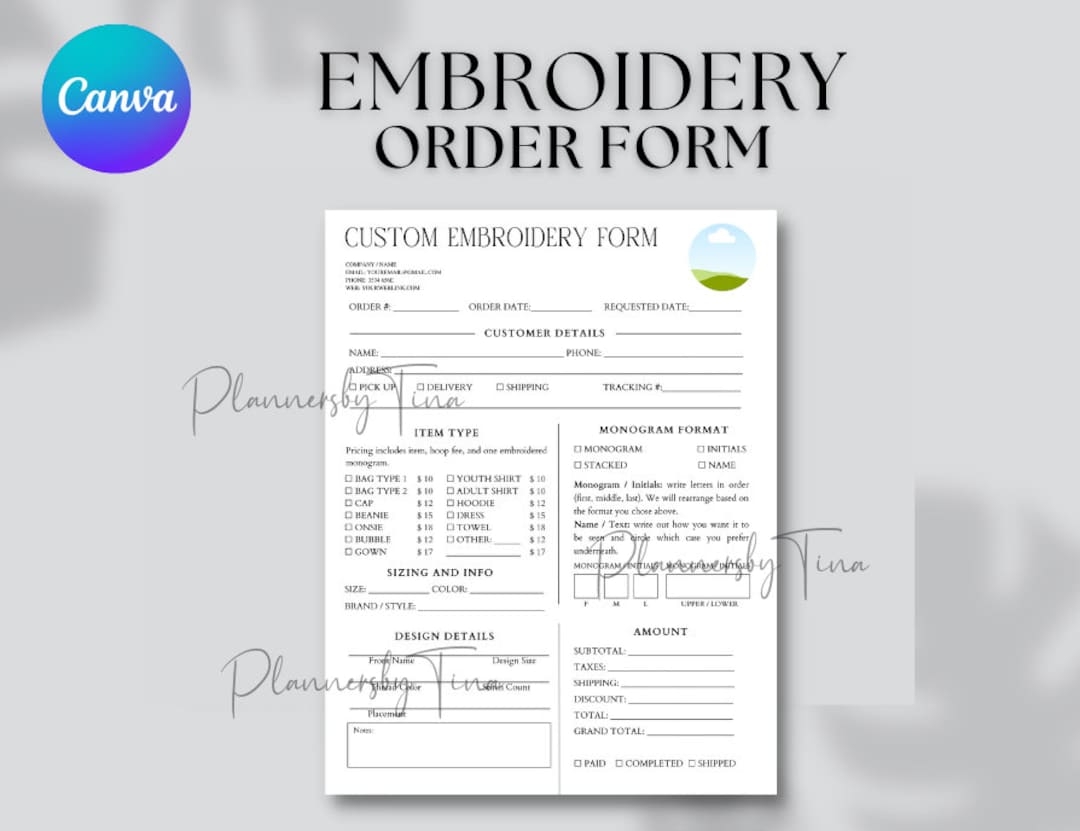Editable And Printable Embroidery Order Form Template Custom Embroidery Order Form Embroidery Business Forms Embroidery Pricing Form Etsy