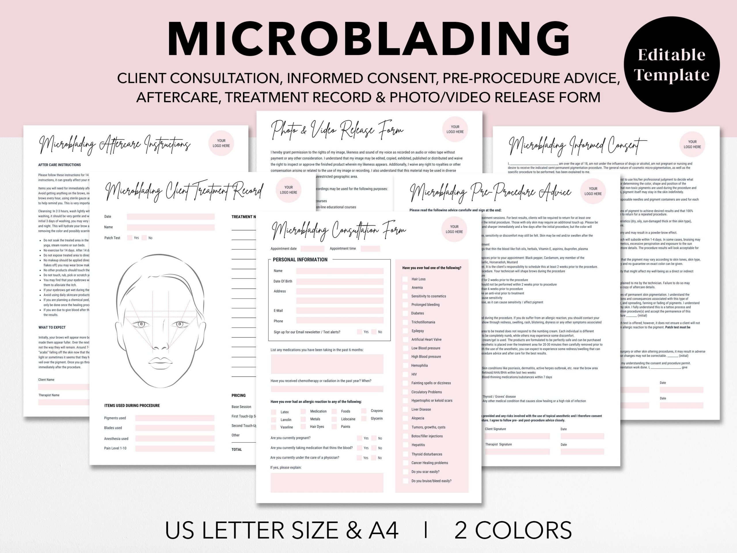 Editable Microblading Consultation Form Brow Tattoo Consent Form Aftercare Client Treatment Esthetician Forms Printable Canva Template Etsy