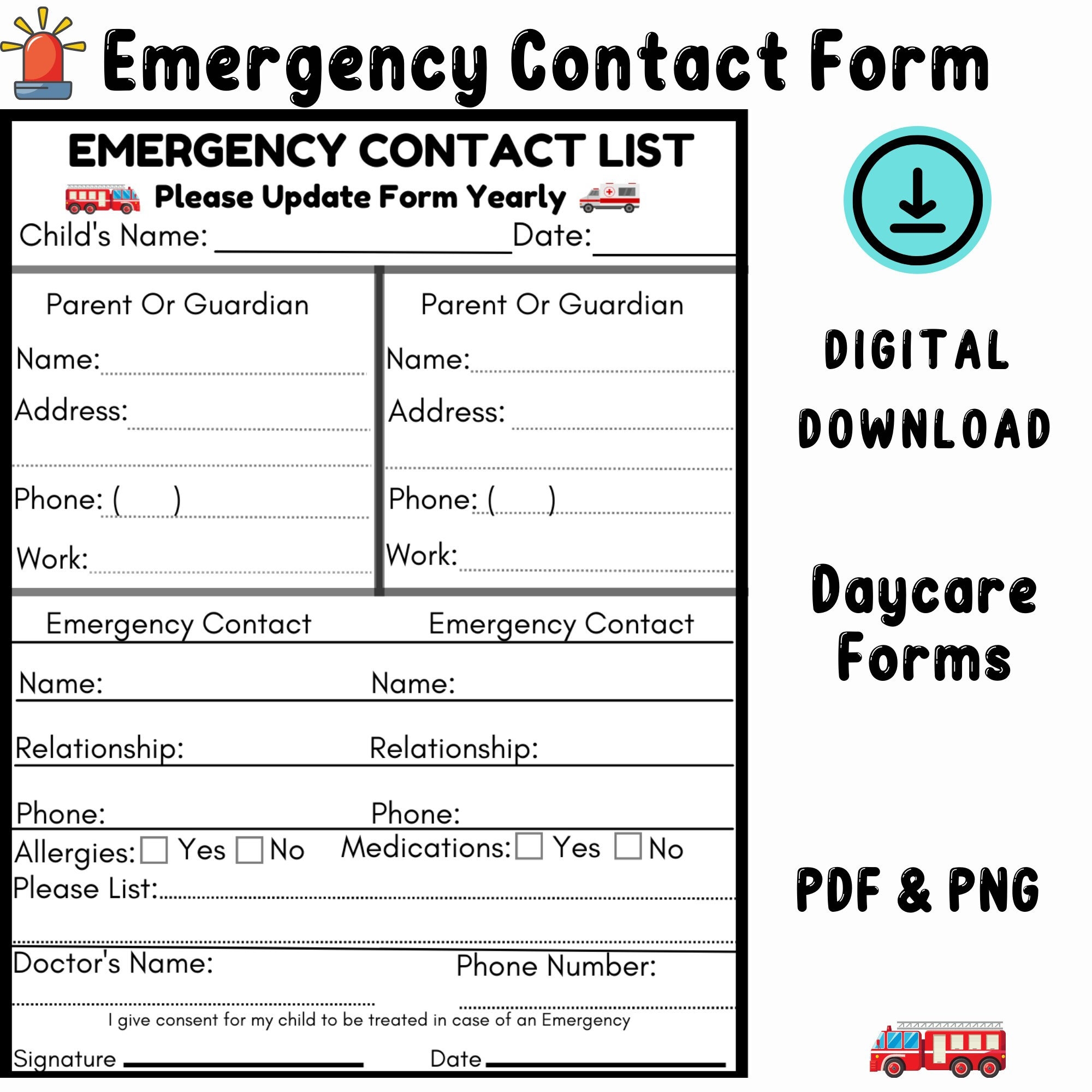 Emergency Contact Form Daycare Forms Preschool Forms Center Forms Etsy Australia